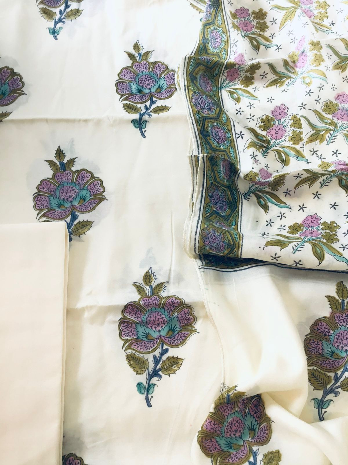 Soft Fine Muslin Silk Printed Suit - Cream