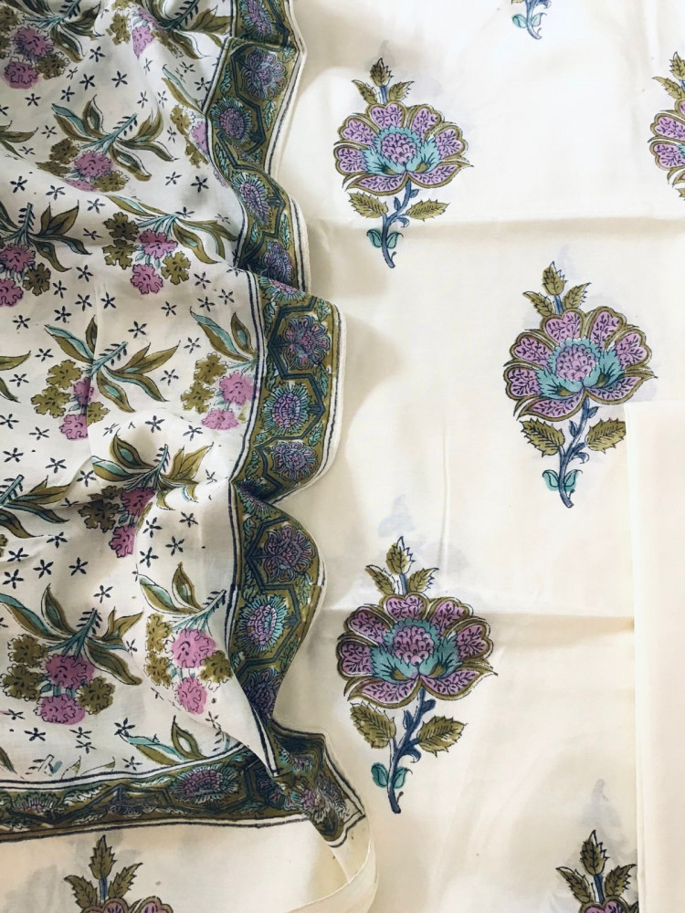 Image of Soft Fine Muslin Silk Printed Suit - Cream