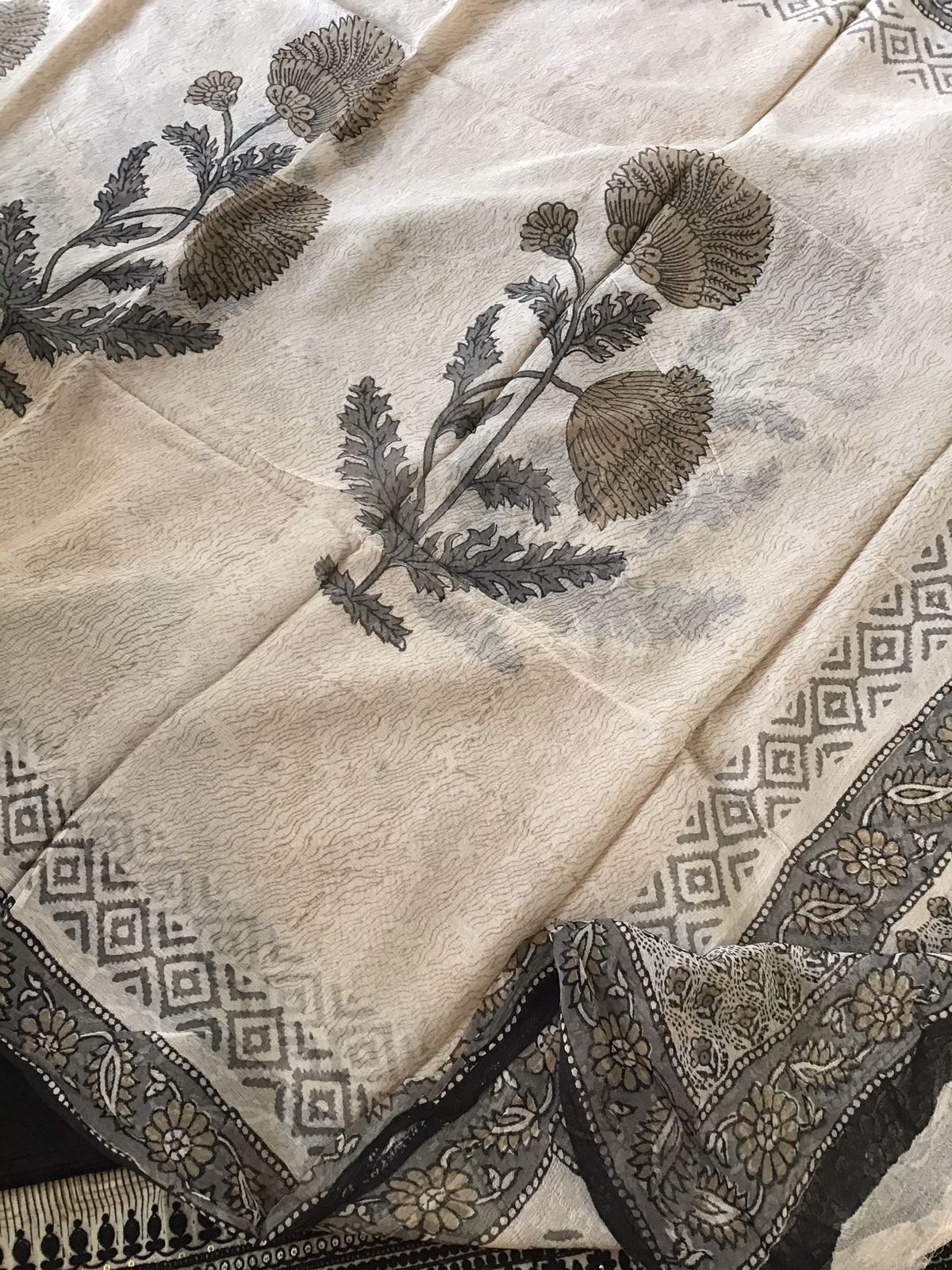 Pure Chanderi Block Printed Embroidered Suit - Beige