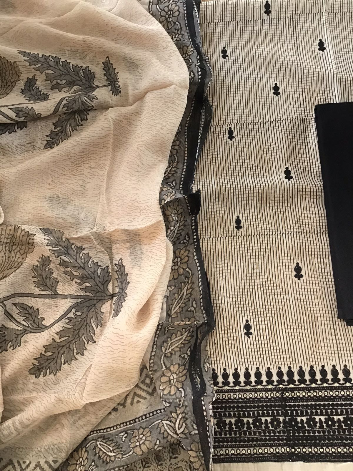 Pure Chanderi Block Printed Embroidered Suit - Beige