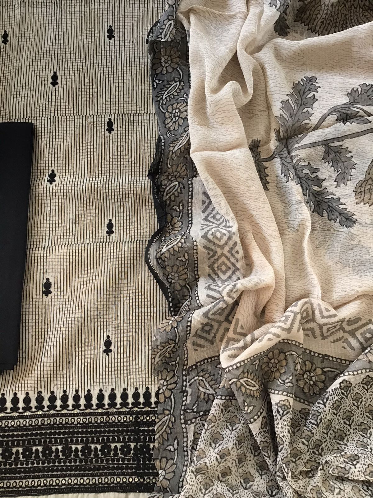 Pure Chanderi Block Printed Embroidered Suit - Beige