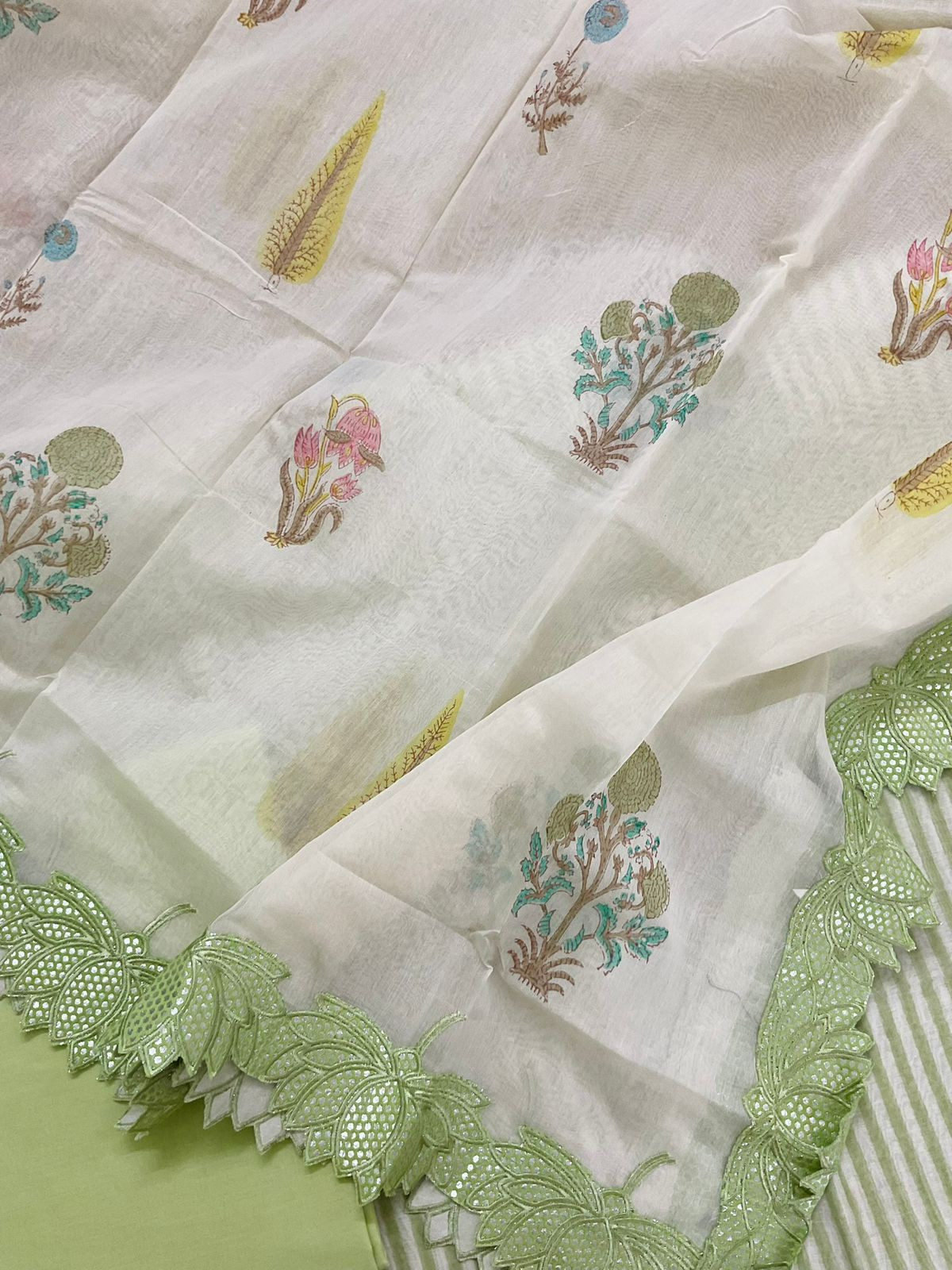 Pure Chanderi Block Printed Embroidered Suit - Green