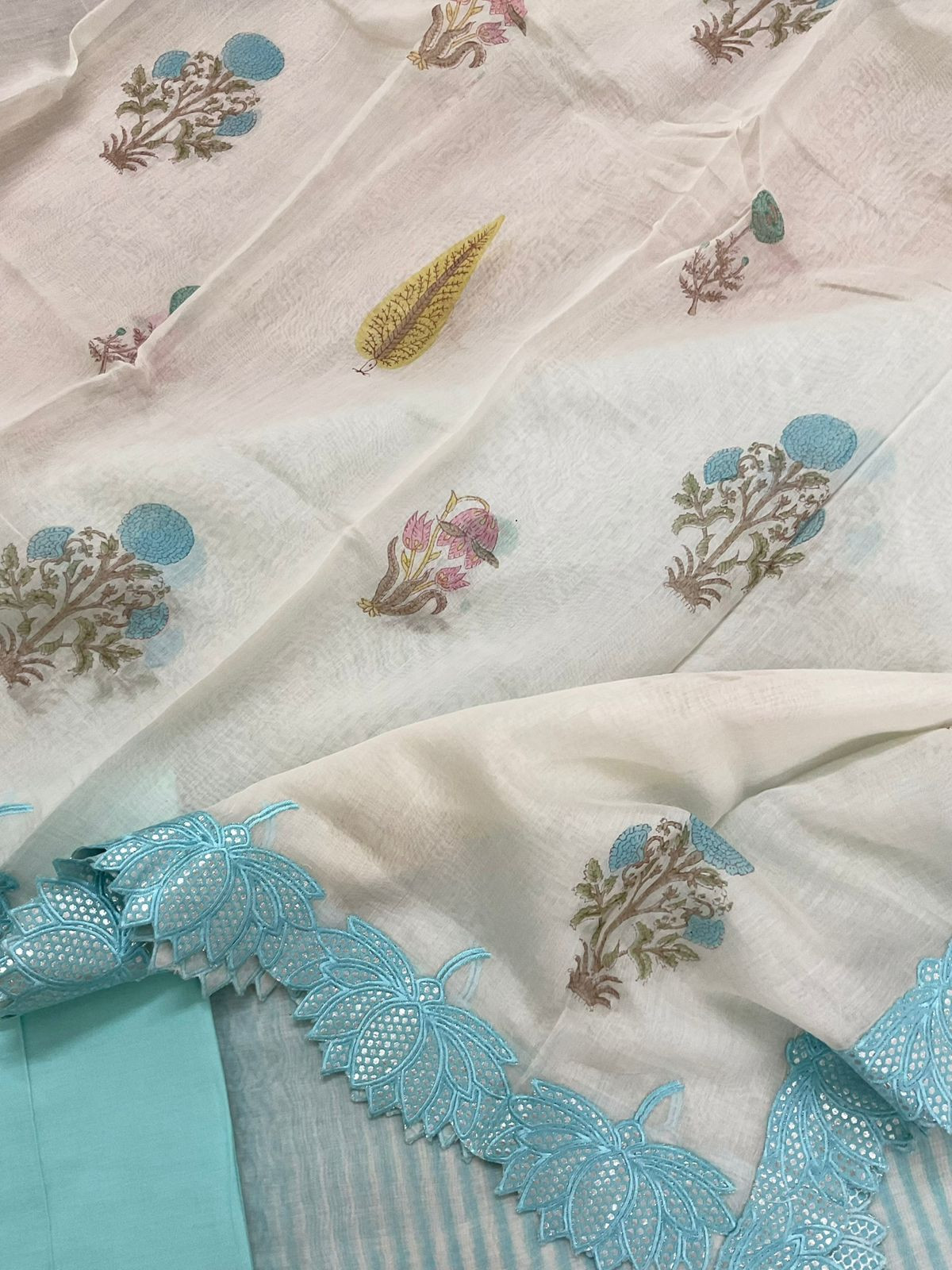 Pure Chanderi Block Printed Embroidered Suit - Blue