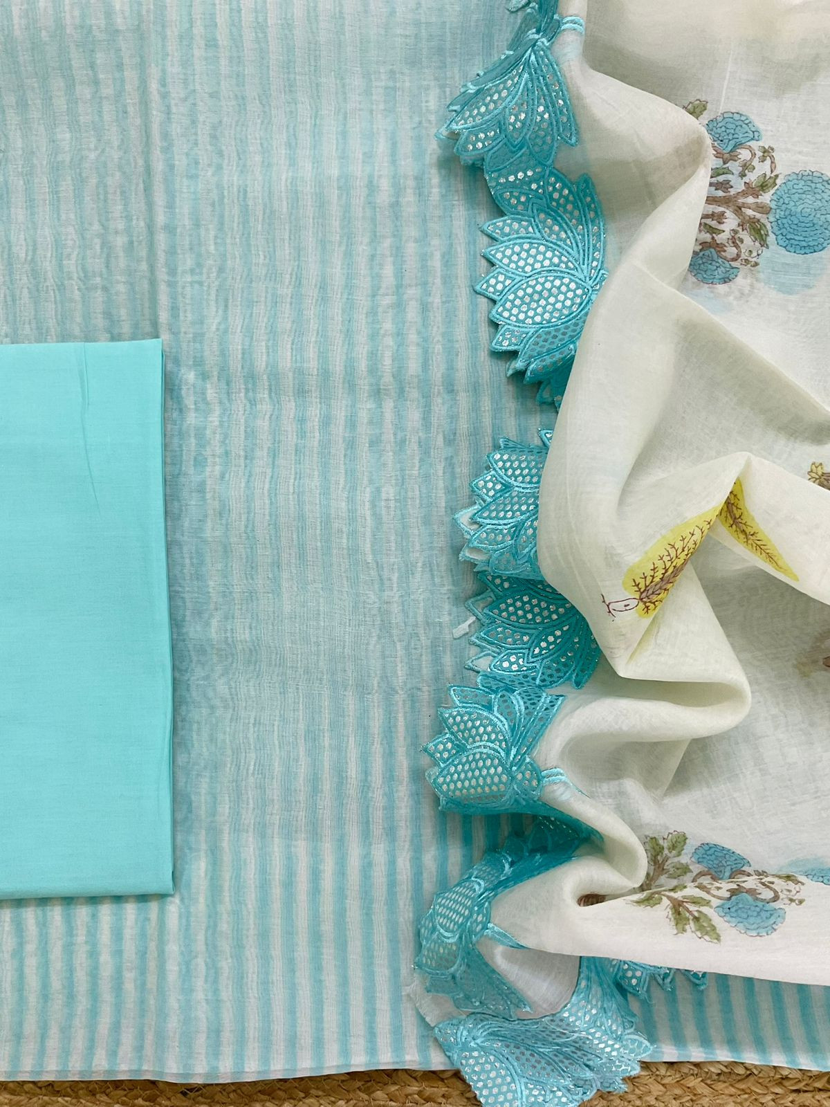 Pure Chanderi Block Printed Embroidered Suit - Blue