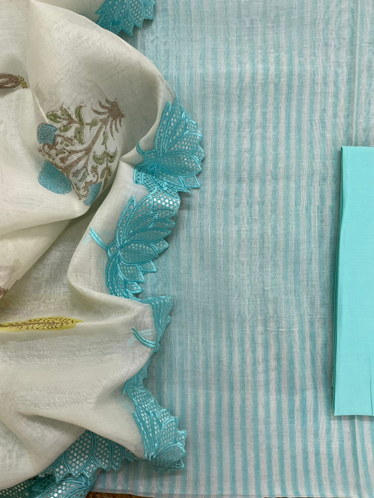 Pure Chanderi Block Printed Embroidered Suit - Blue