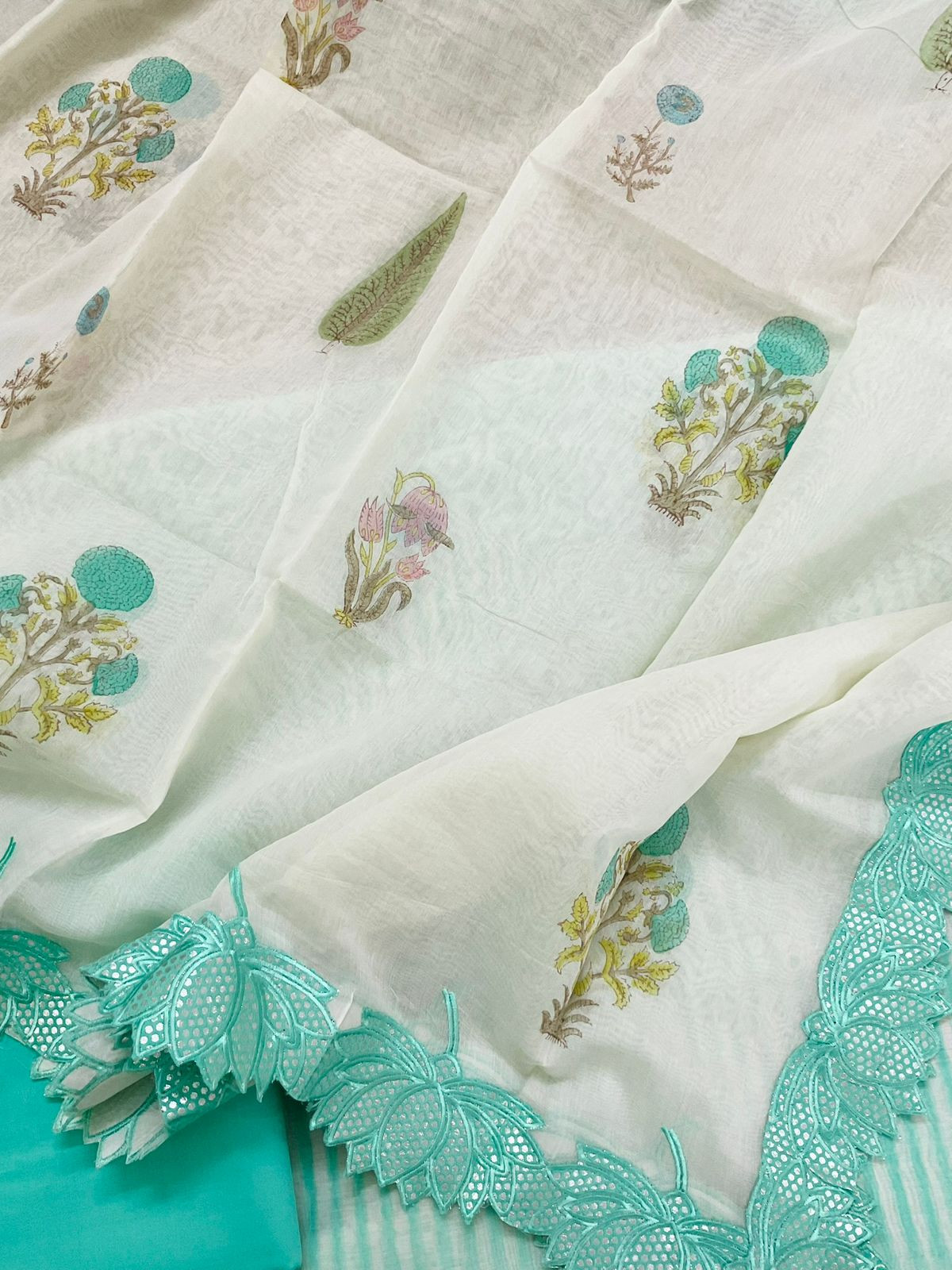 Pure Chanderi Block Printed Embroidered Suit - Sea Green