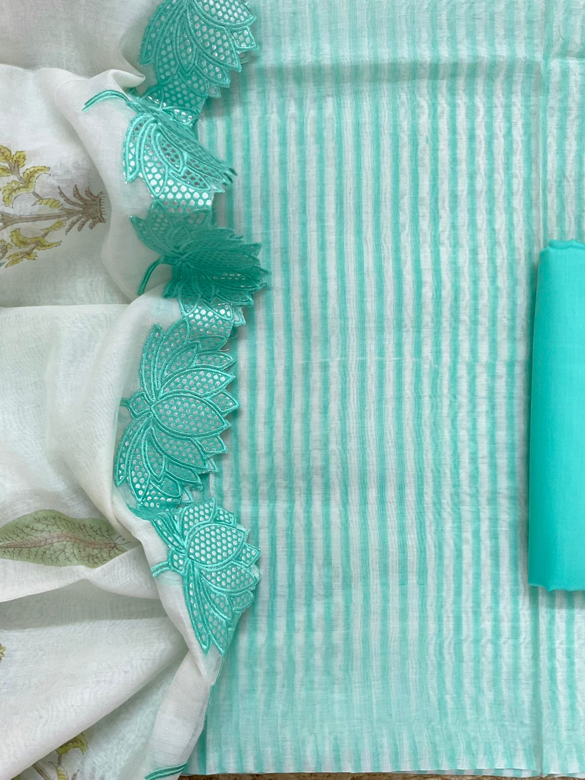 Pure Chanderi Block Printed Embroidered Suit - Sea Green