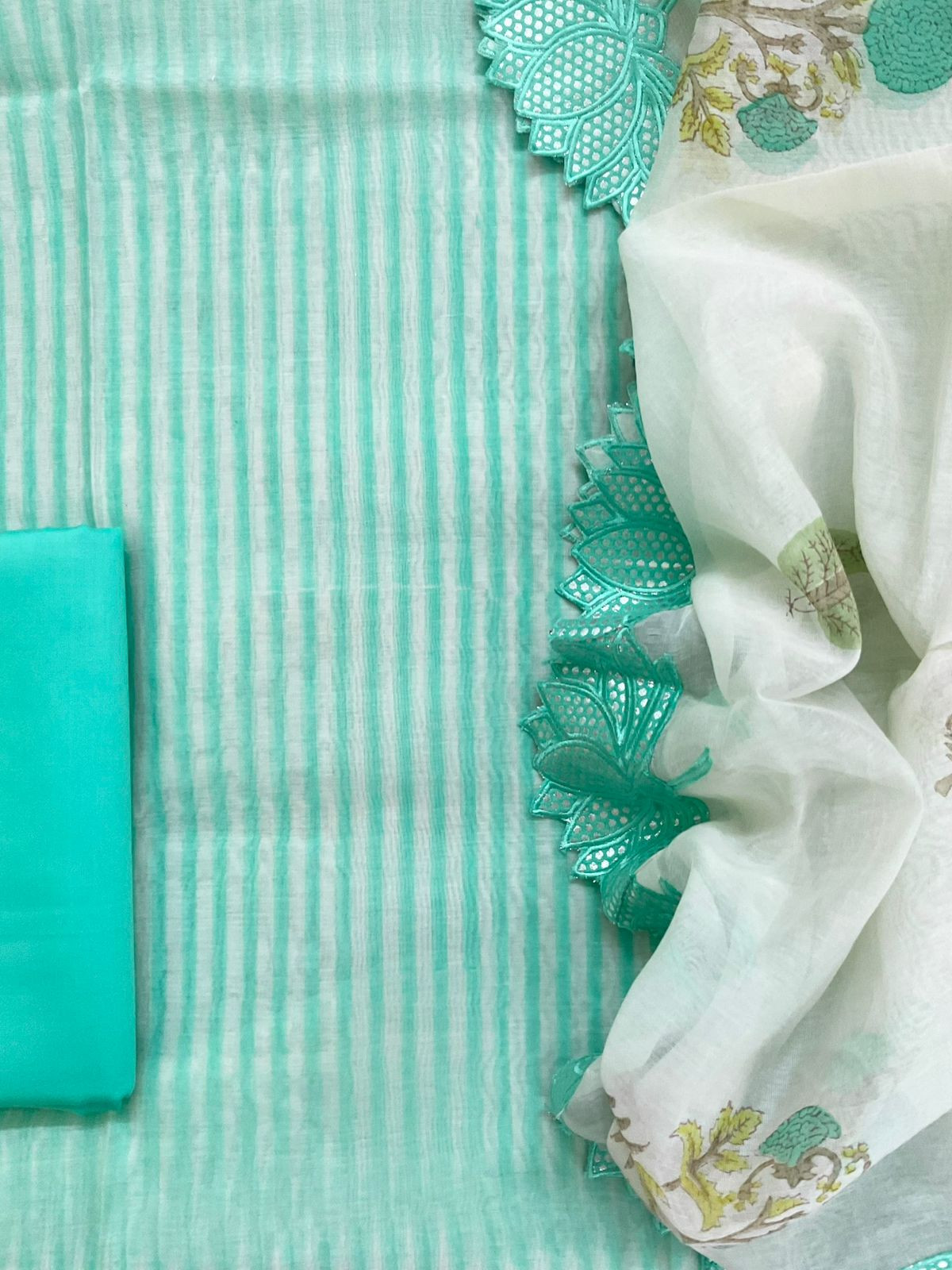 Pure Chanderi Block Printed Embroidered Suit - Sea Green