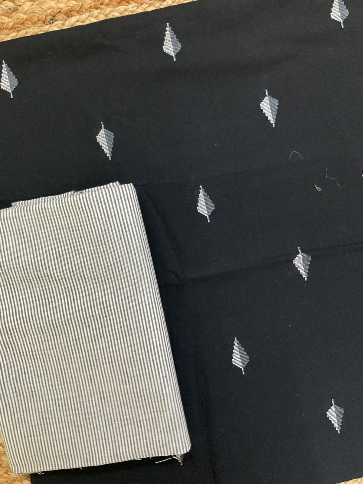 Pure Handloom Cotton Self Weaved Suit - Black