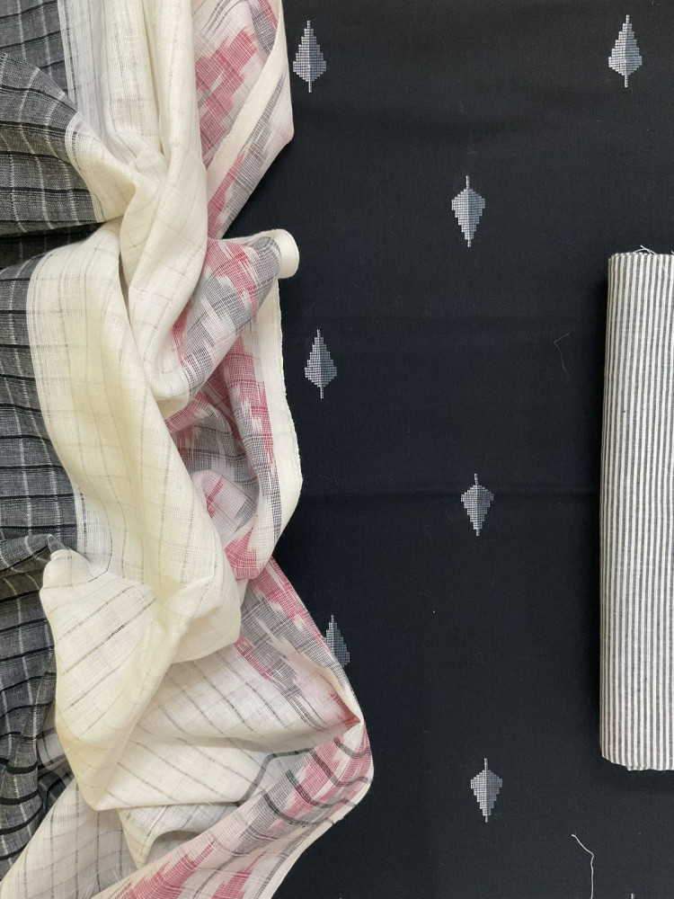 Image of Pure Handloom Cotton Self Weaved Suit - Black