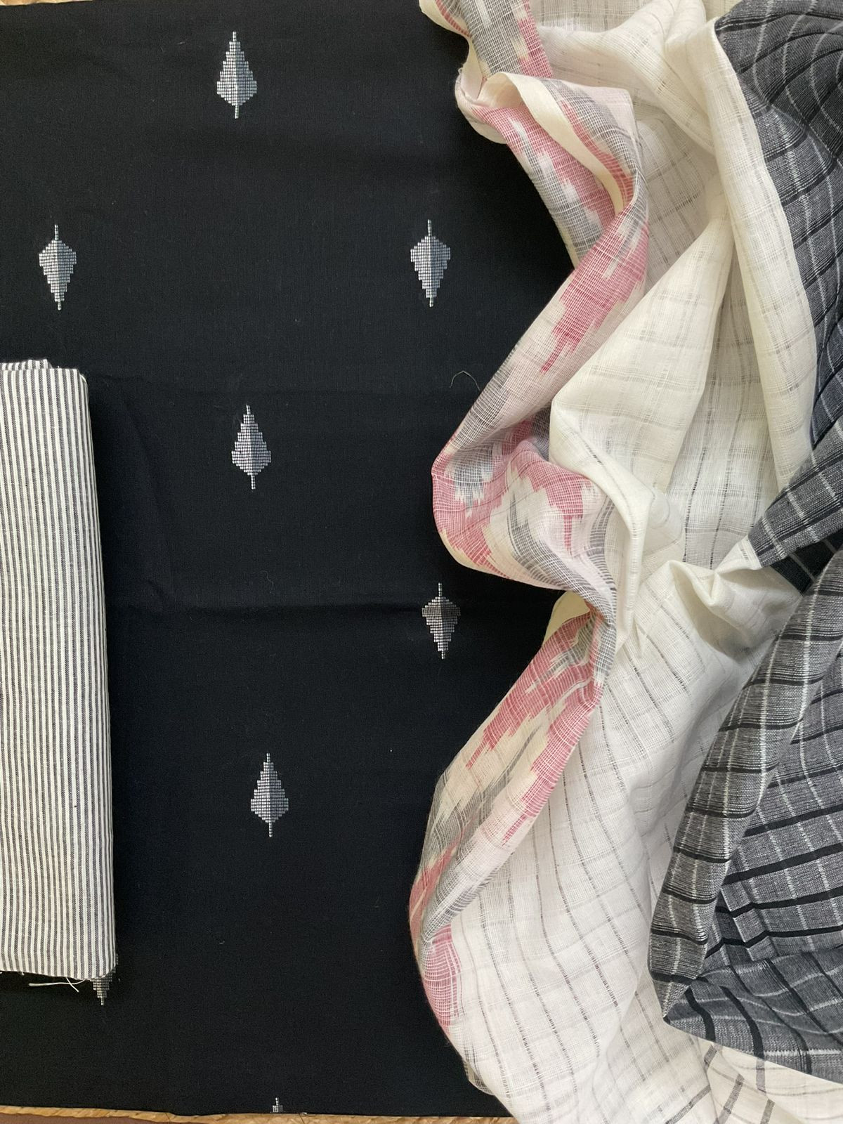 Pure Handloom Cotton Self Weaved Suit - Black