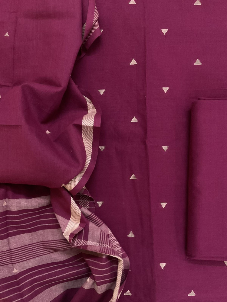 Image of Pure Handloom Cotton Self Weaved Suit - Wine