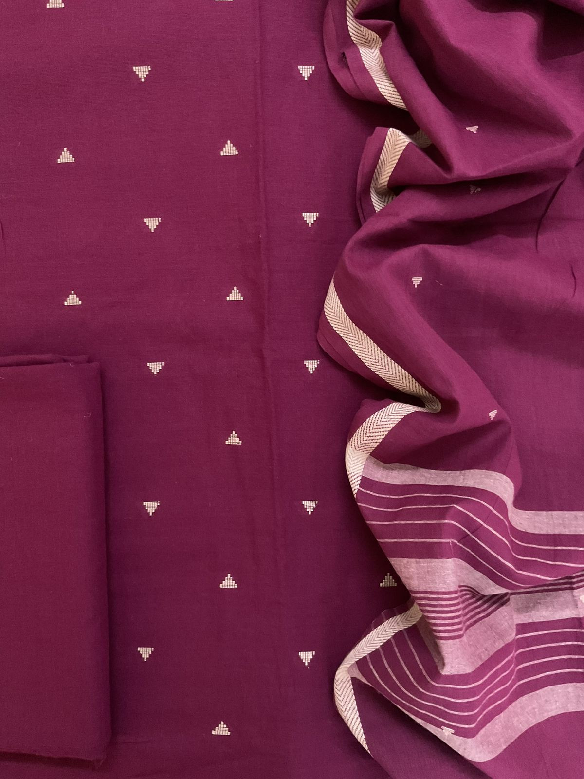 Pure Handloom Cotton Self Weaved Suit - Wine