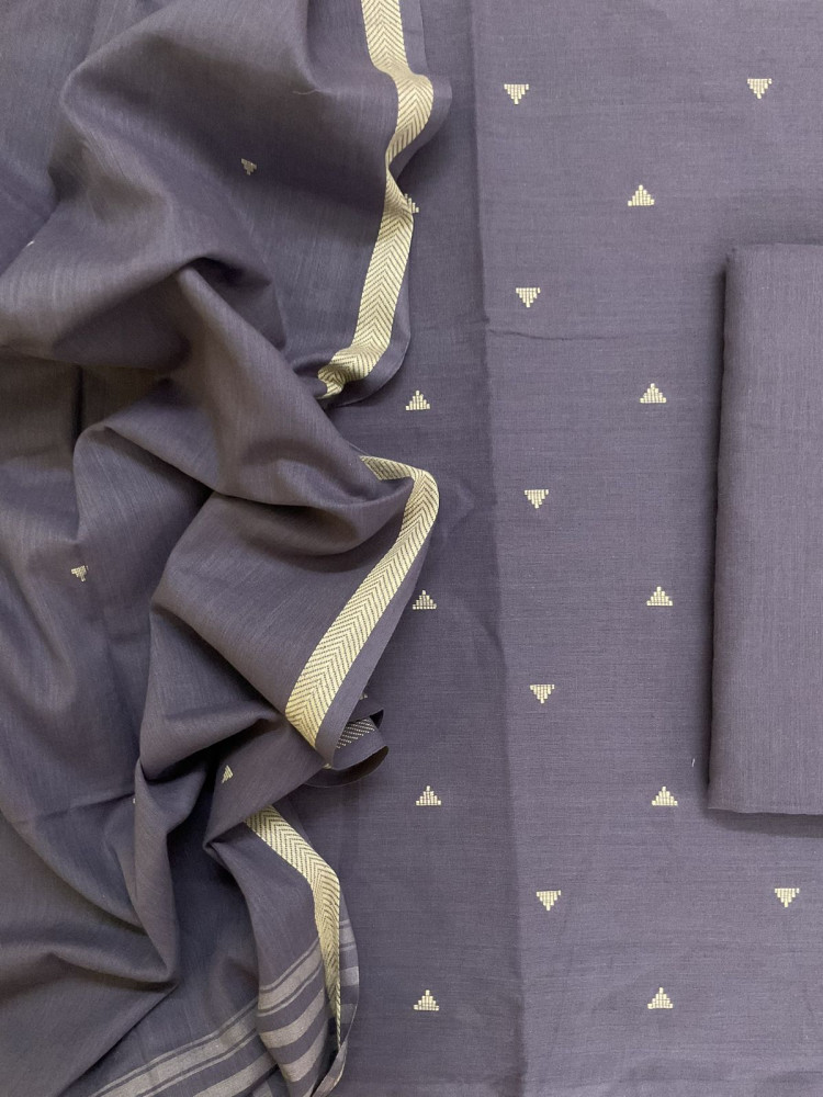 Image of Pure Handloom Cotton Self Weaved Suit - Lilac Grey