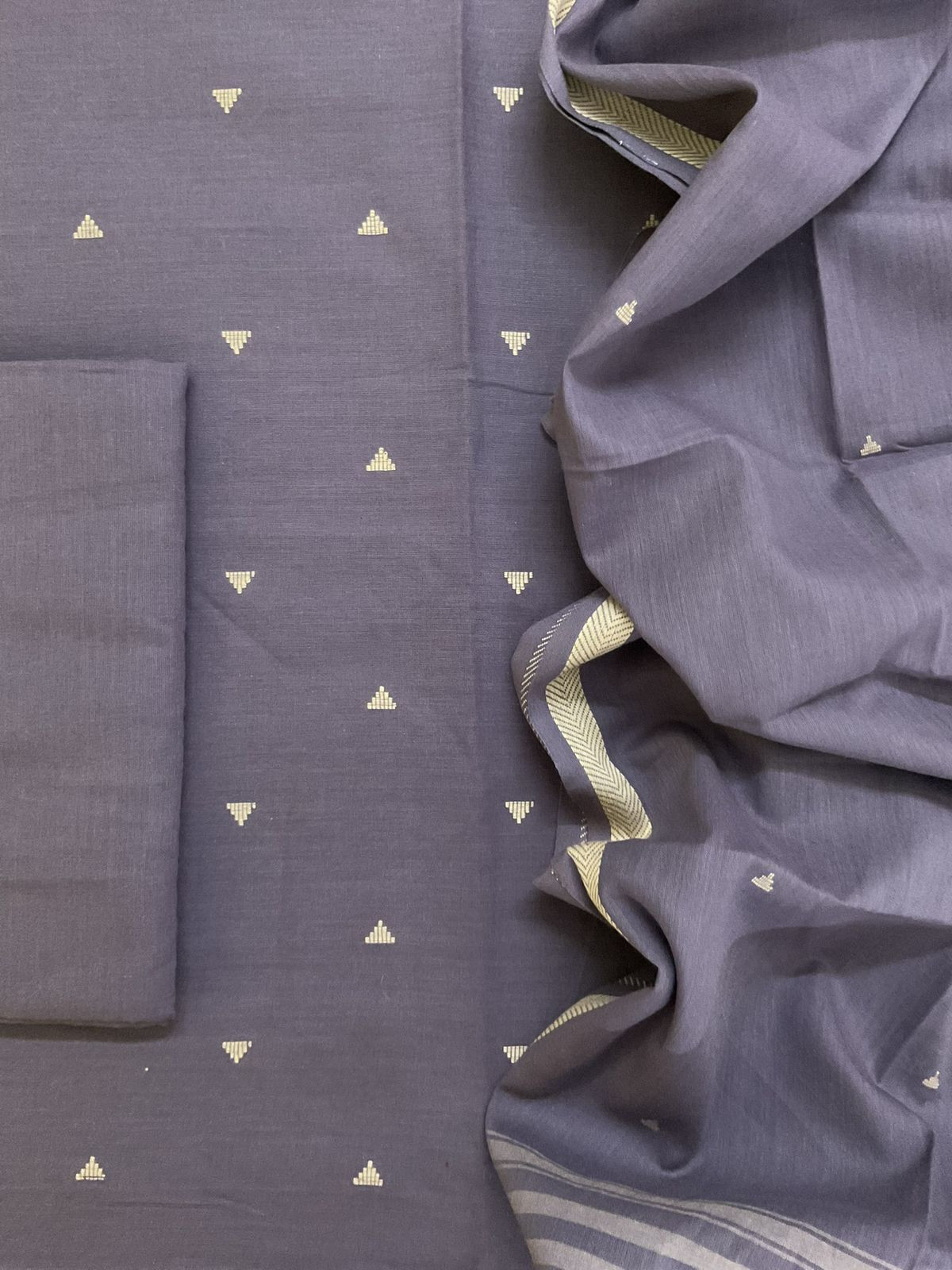 Pure Handloom Cotton Self Weaved Suit - Lilac Grey