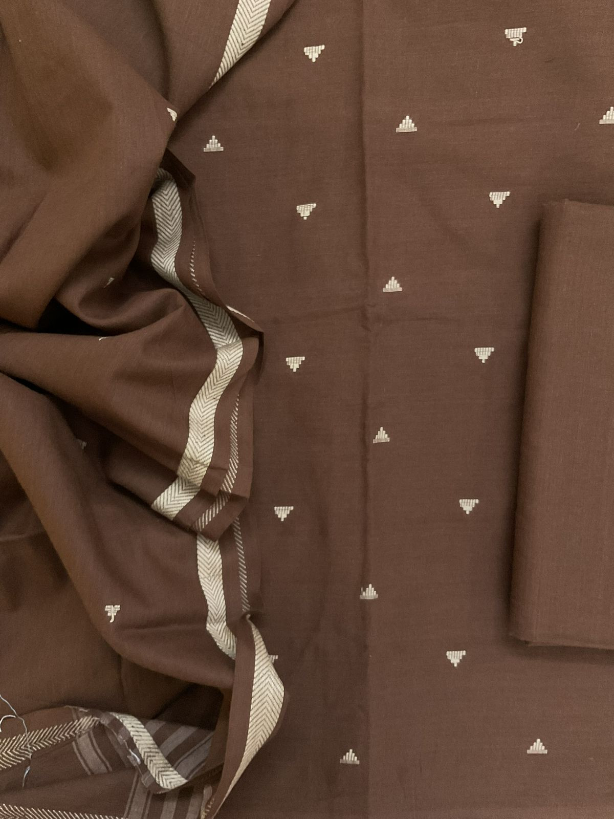 Pure Handloom Cotton Self Weaved Suit - Brown