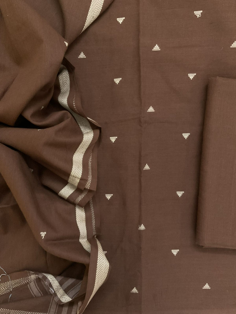 Image of Pure Handloom Cotton Self Weaved Suit - Brown