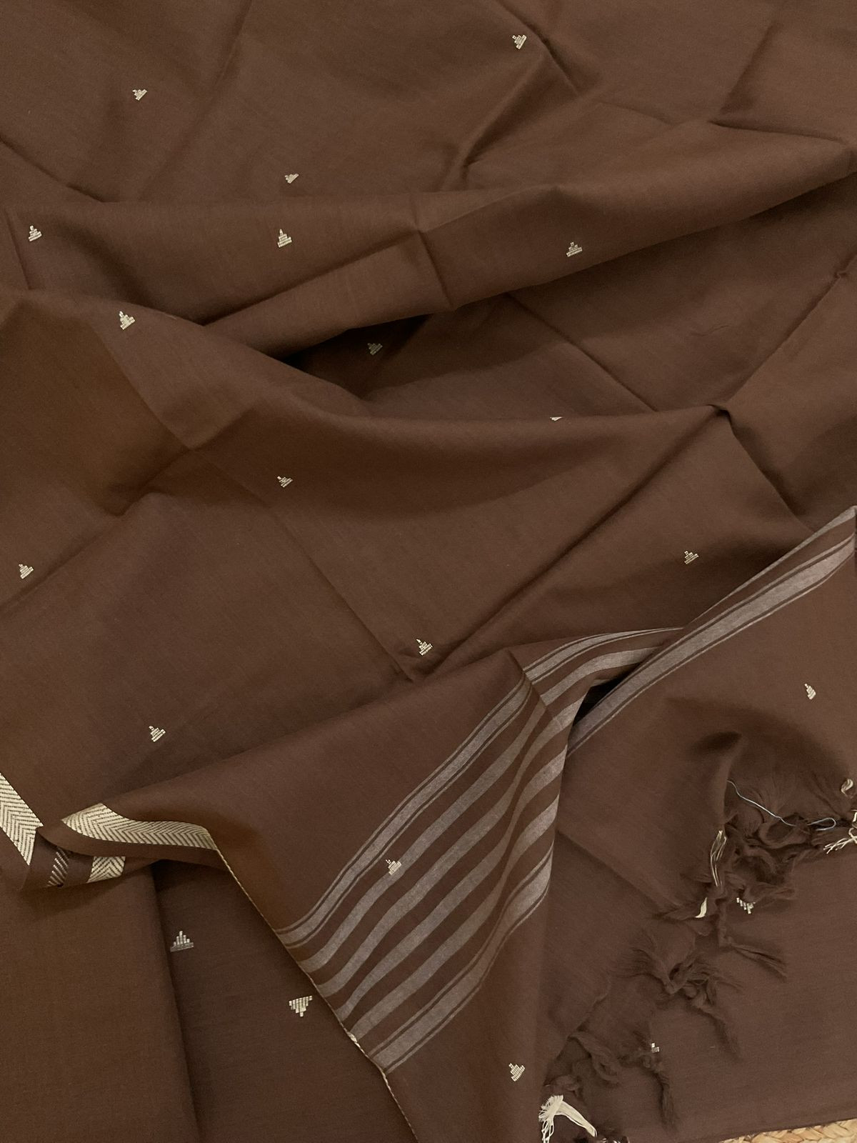 Pure Handloom Cotton Self Weaved Suit - Brown