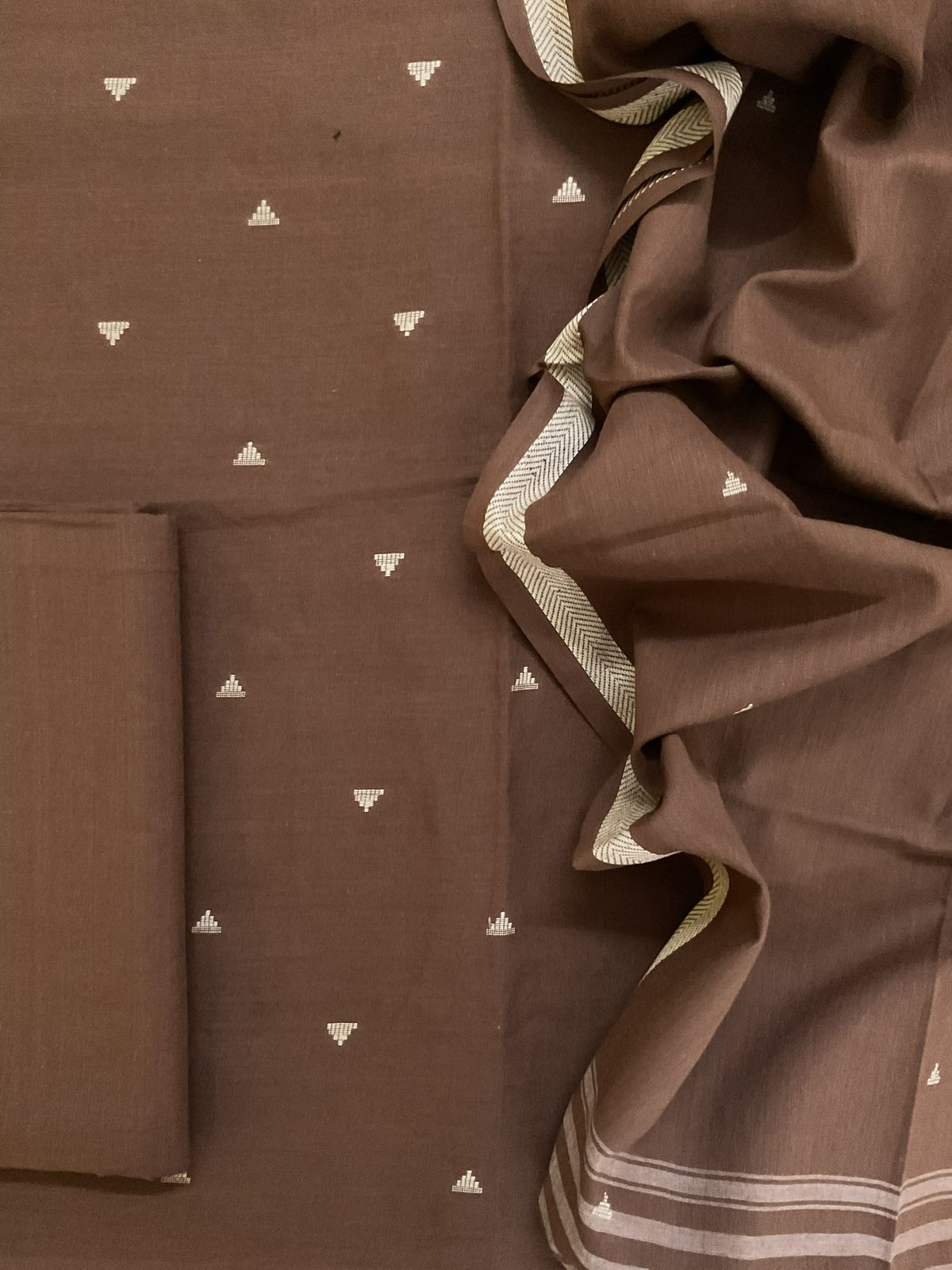 Pure Handloom Cotton Self Weaved Suit - Brown