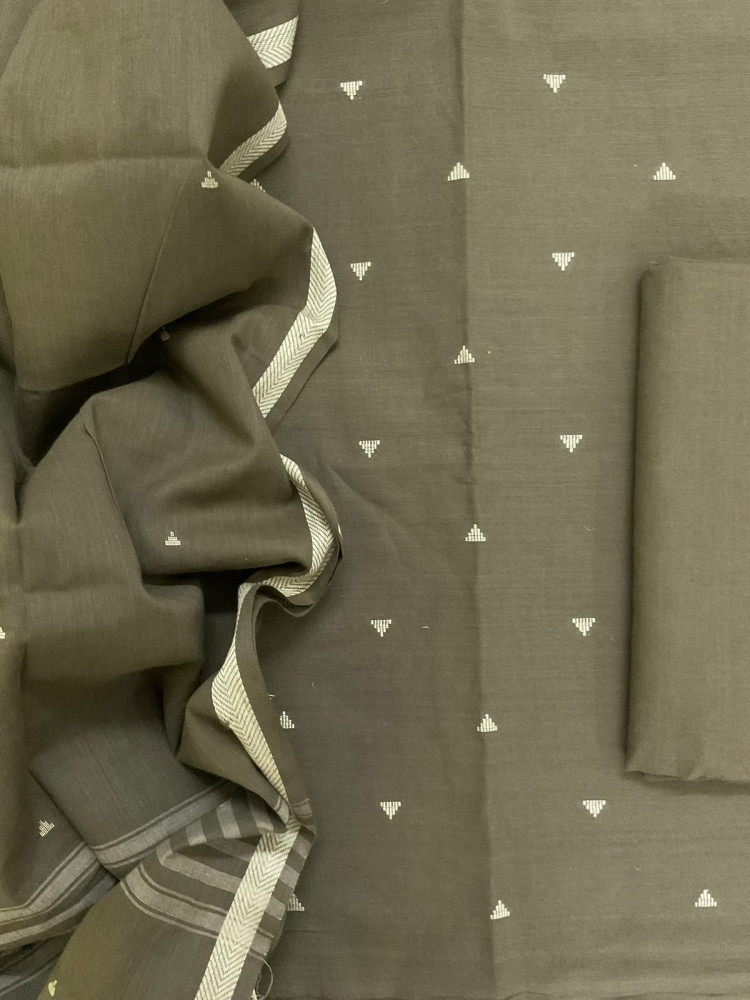 Image of Pure Handloom Cotton Self Weaved Suit - Green