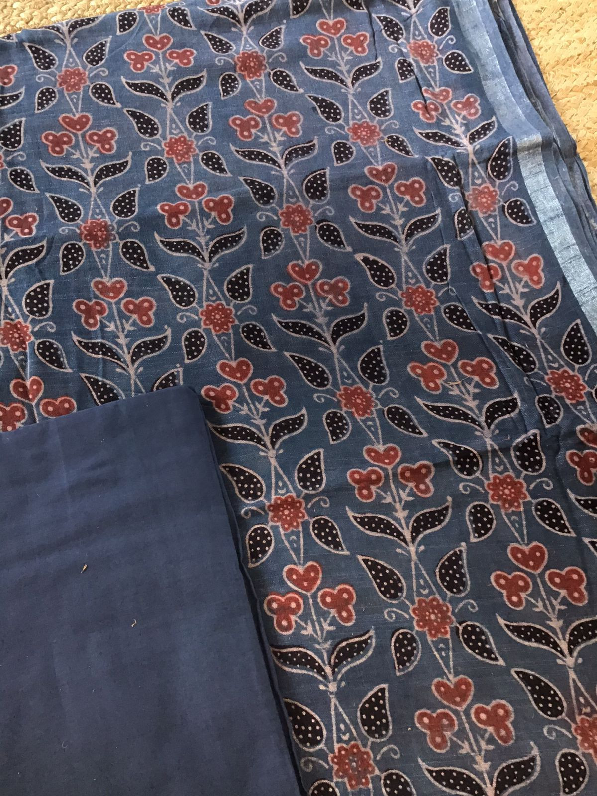 Pure Linen Jute Cotton Silk Ajrakh Printed Suit - Blue