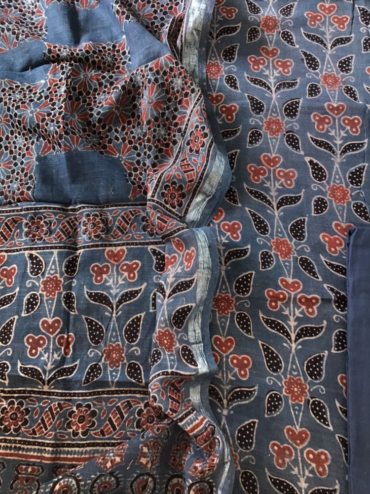 Image of Pure Linen Jute Cotton Silk Ajrakh Printed Suit - Blue