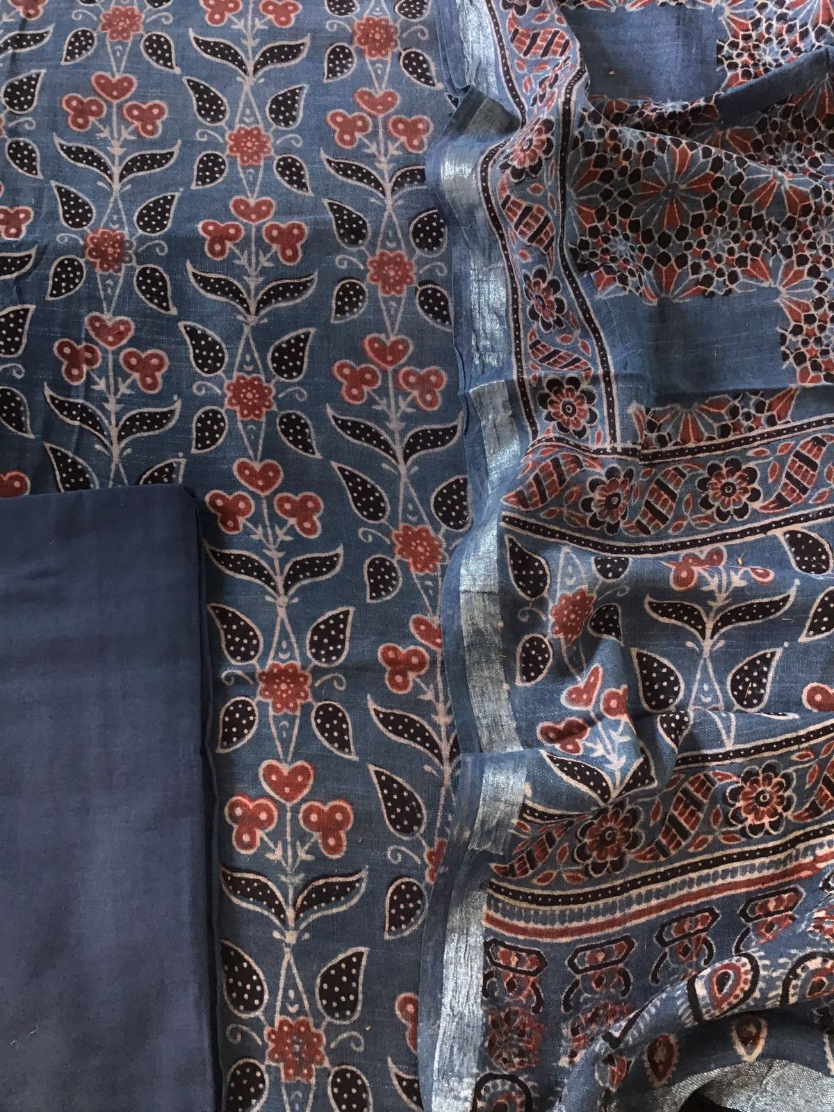 Pure Linen Jute Cotton Silk Ajrakh Printed Suit - Blue
