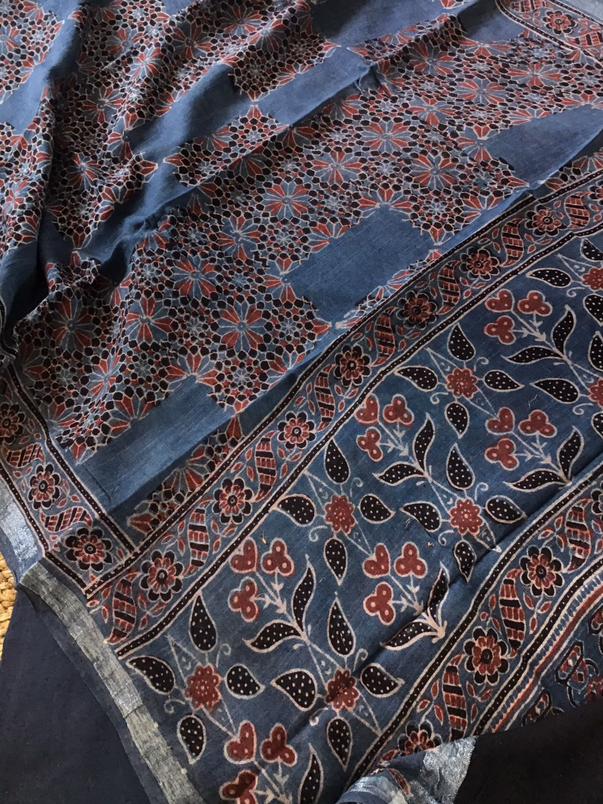 Pure Linen Jute Cotton Silk Ajrakh Printed Suit - Blue