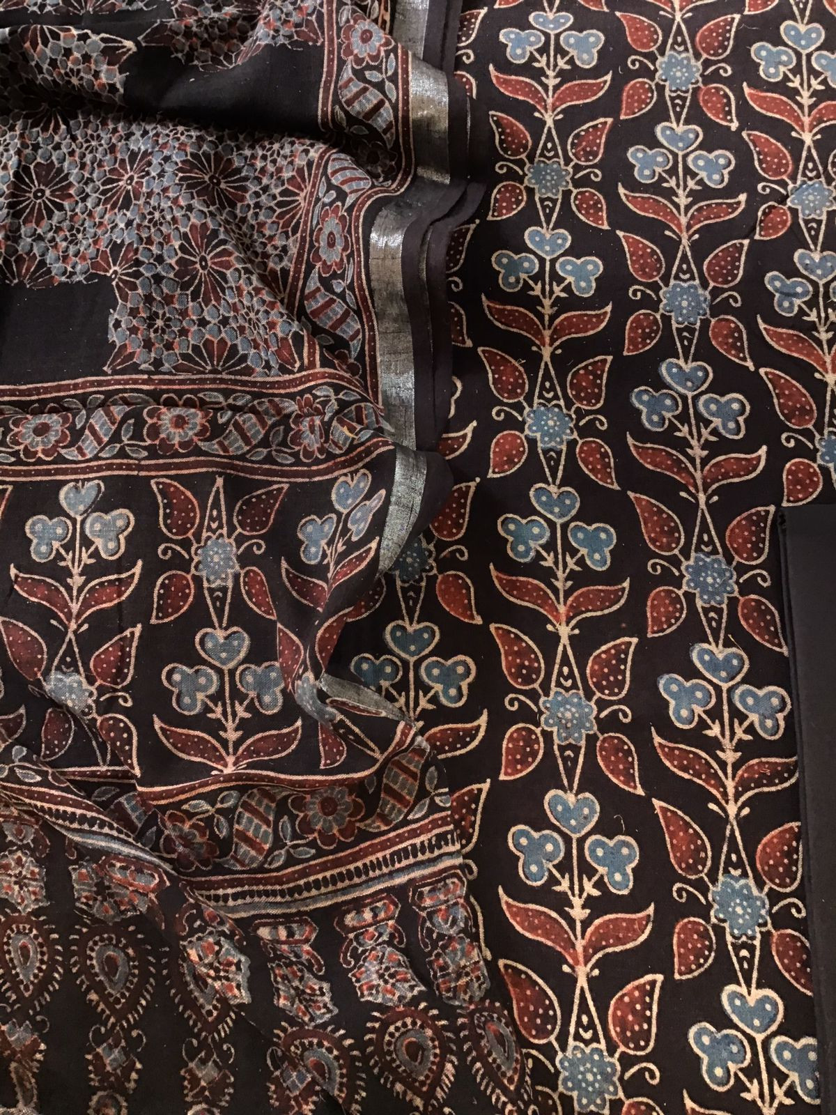 Pure Linen Jute Cotton Silk Ajrakh Printed Suit - Black