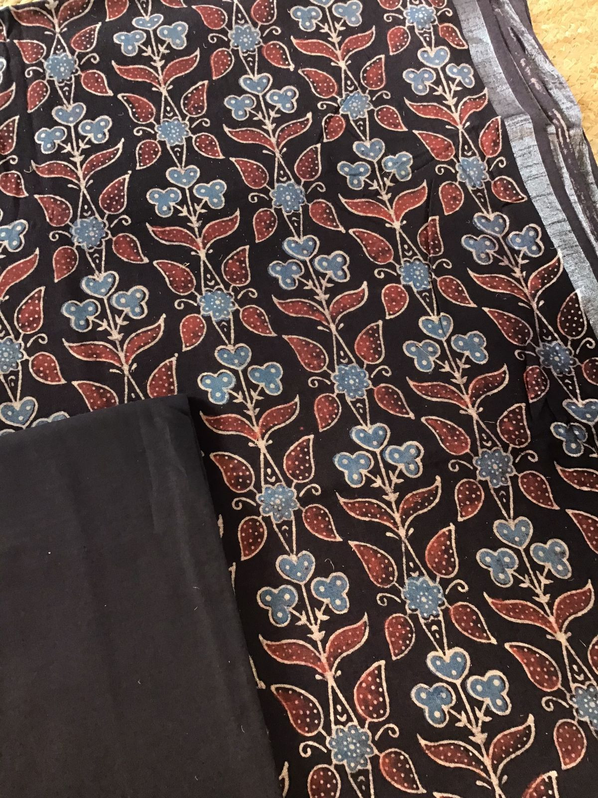 Pure Linen Jute Cotton Silk Ajrakh Printed Suit - Black