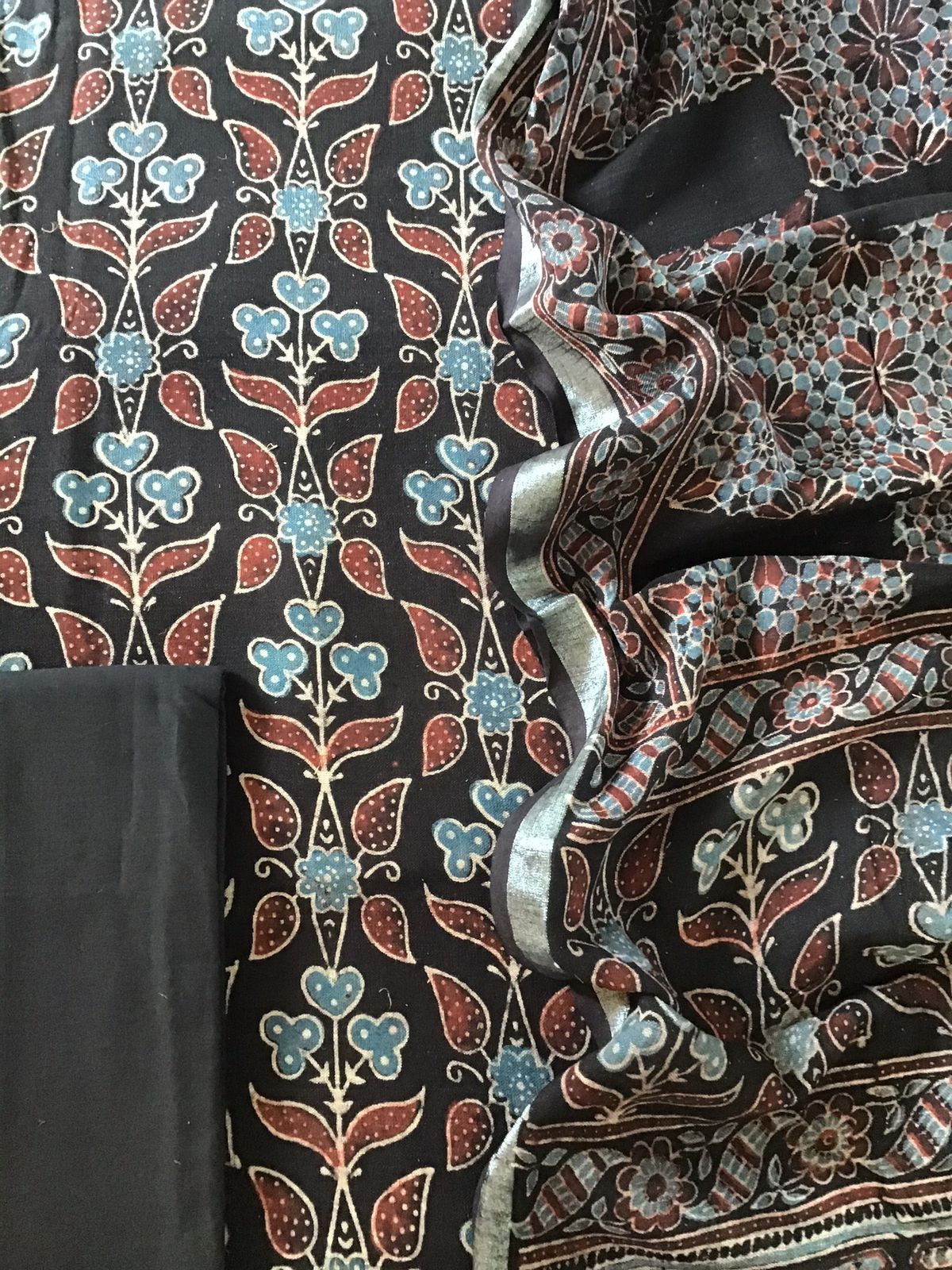 Pure Linen Jute Cotton Silk Ajrakh Printed Suit - Black