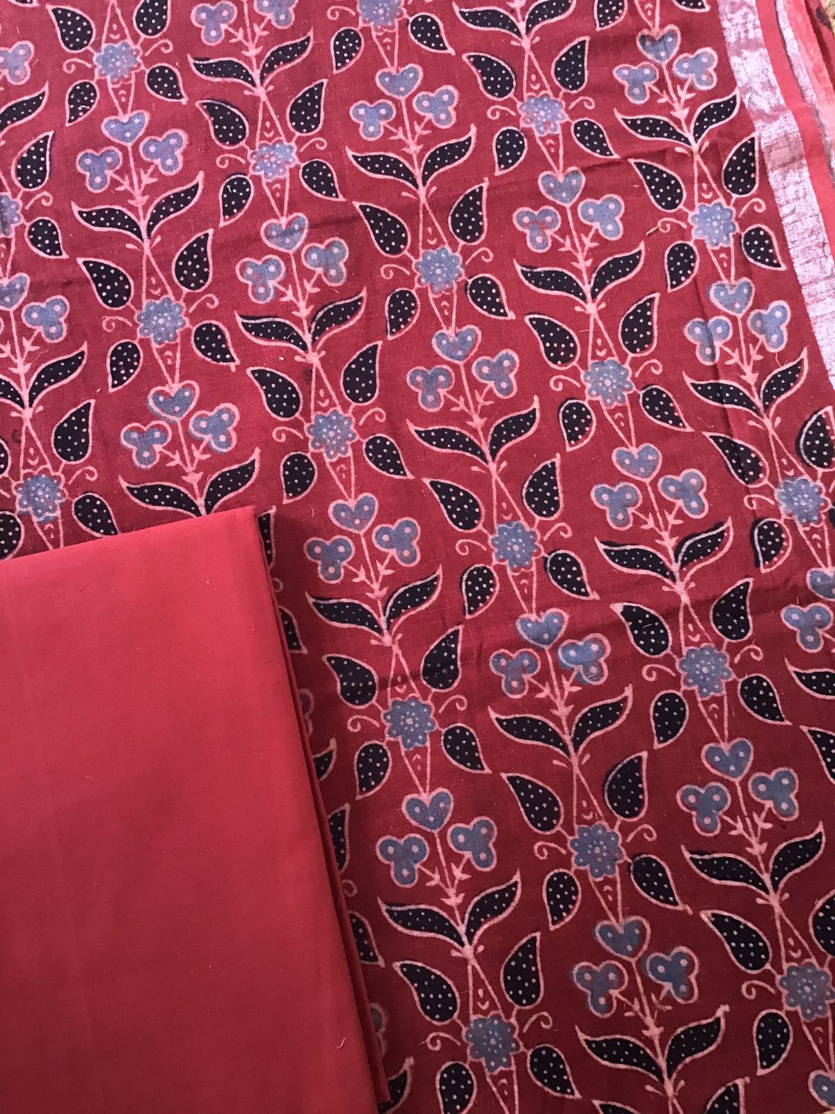 Pure Linen Jute Cotton Silk Ajrakh Printed Suit - Red