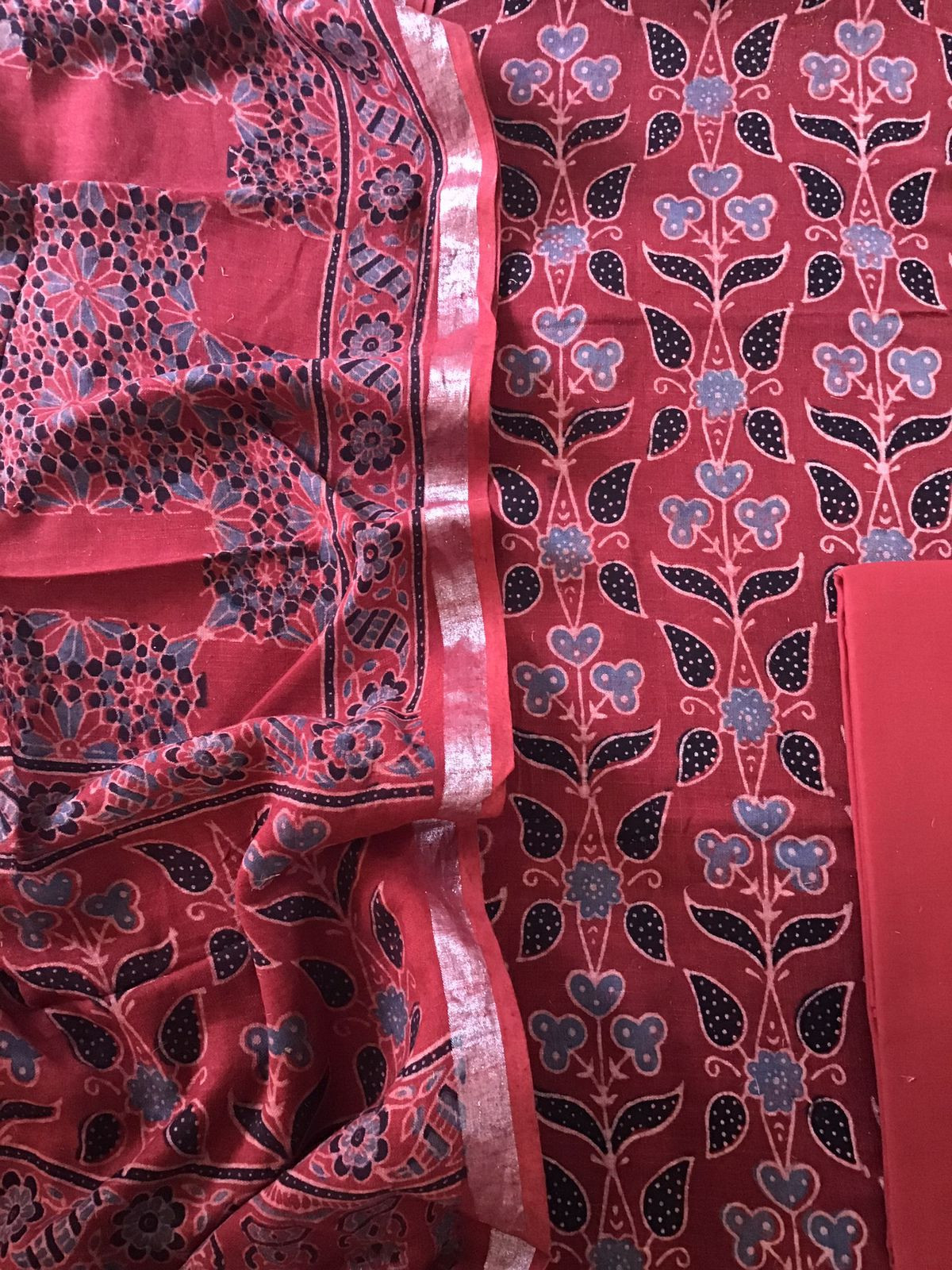Pure Linen Jute Cotton Silk Ajrakh Printed Suit - Red