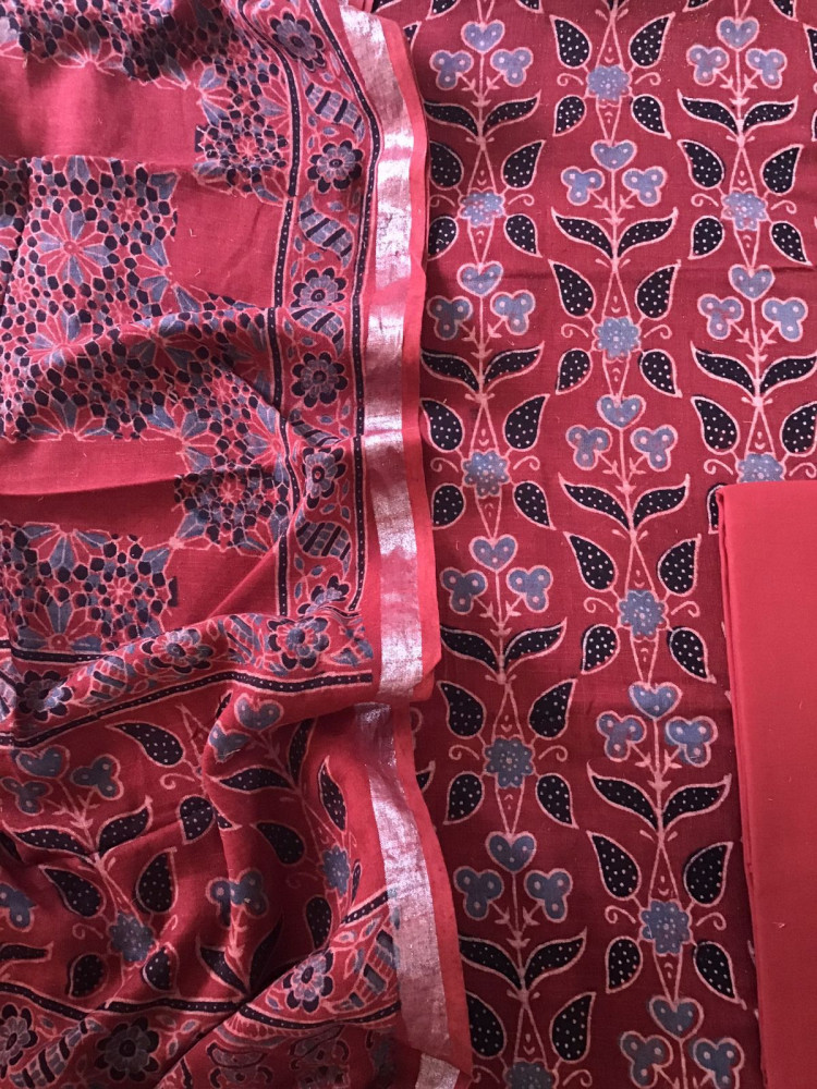 Image of Pure Linen Jute Cotton Silk Ajrakh Printed Suit - Red