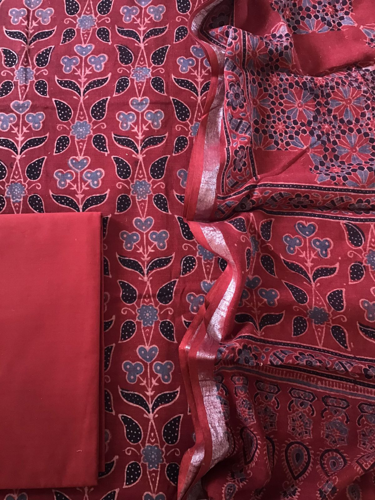 Pure Linen Jute Cotton Silk Ajrakh Printed Suit - Red