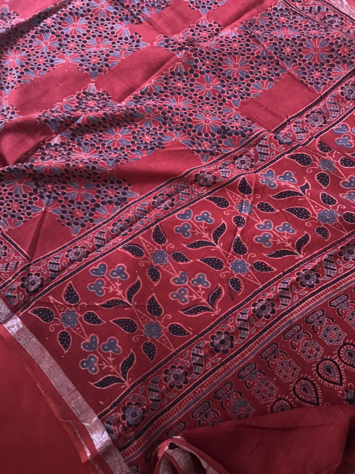 Pure Linen Jute Cotton Silk Ajrakh Printed Suit - Red