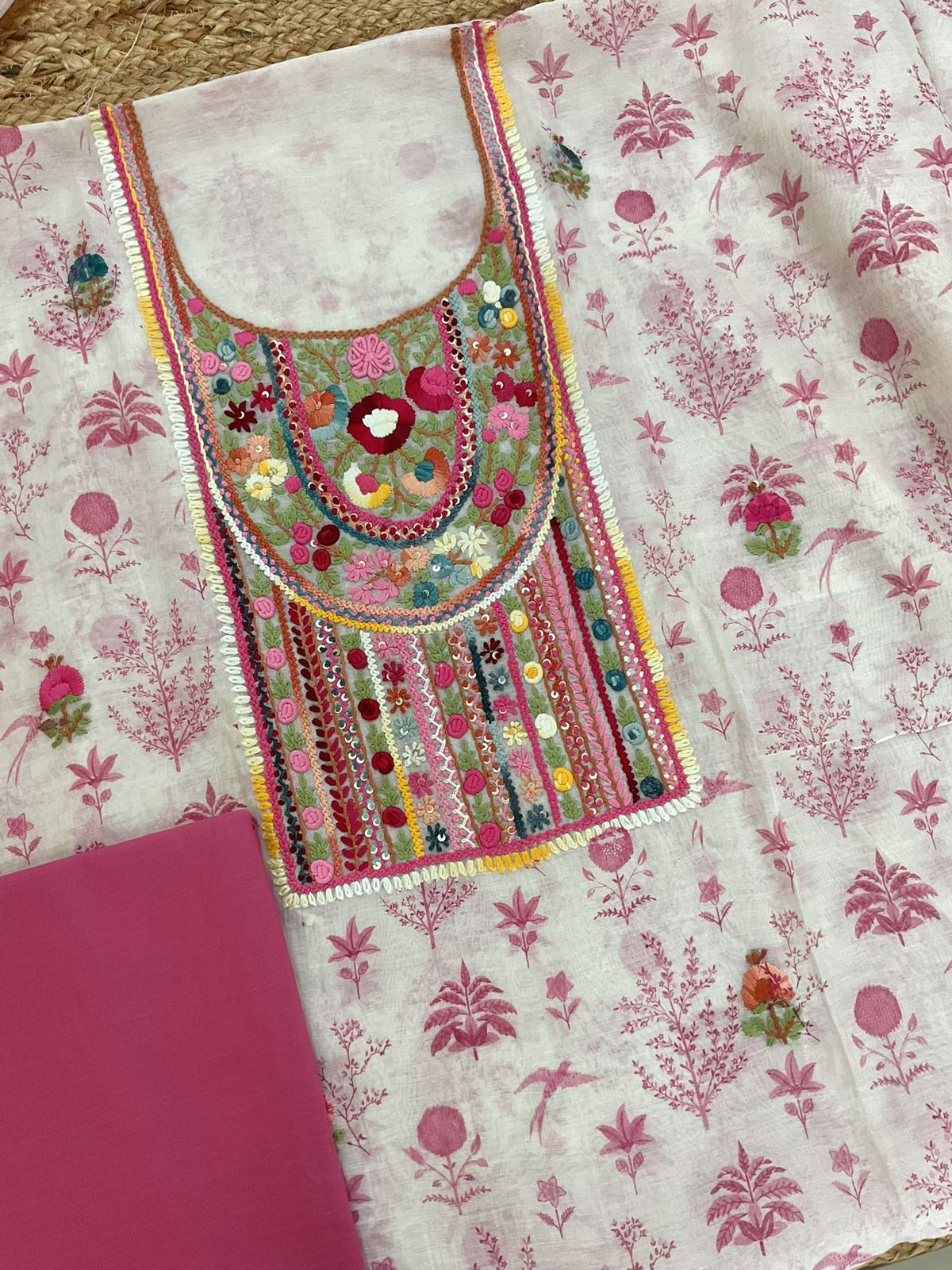 Pure Chanderi Printed Embroidered Suit - Off White