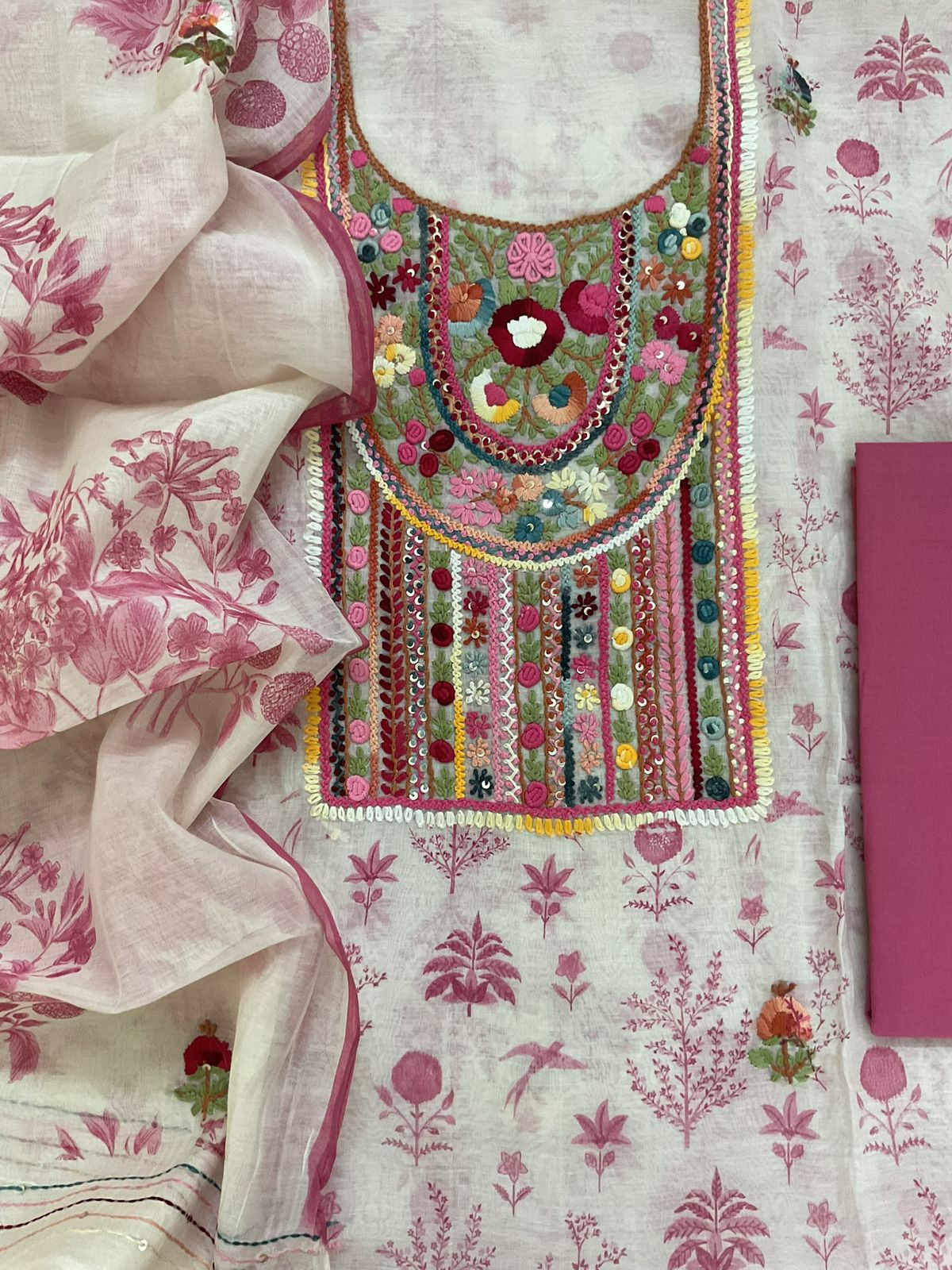 Pure Chanderi Printed Embroidered Suit - Off White