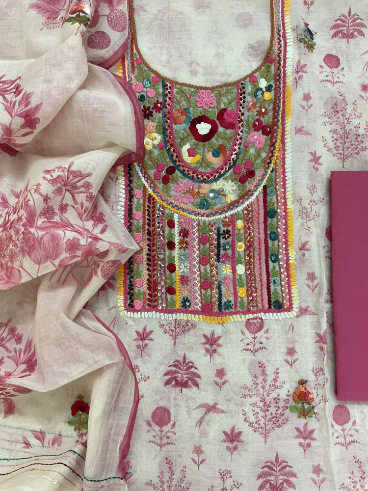 Image of Pure Chanderi Printed Embroidered Suit - Off White