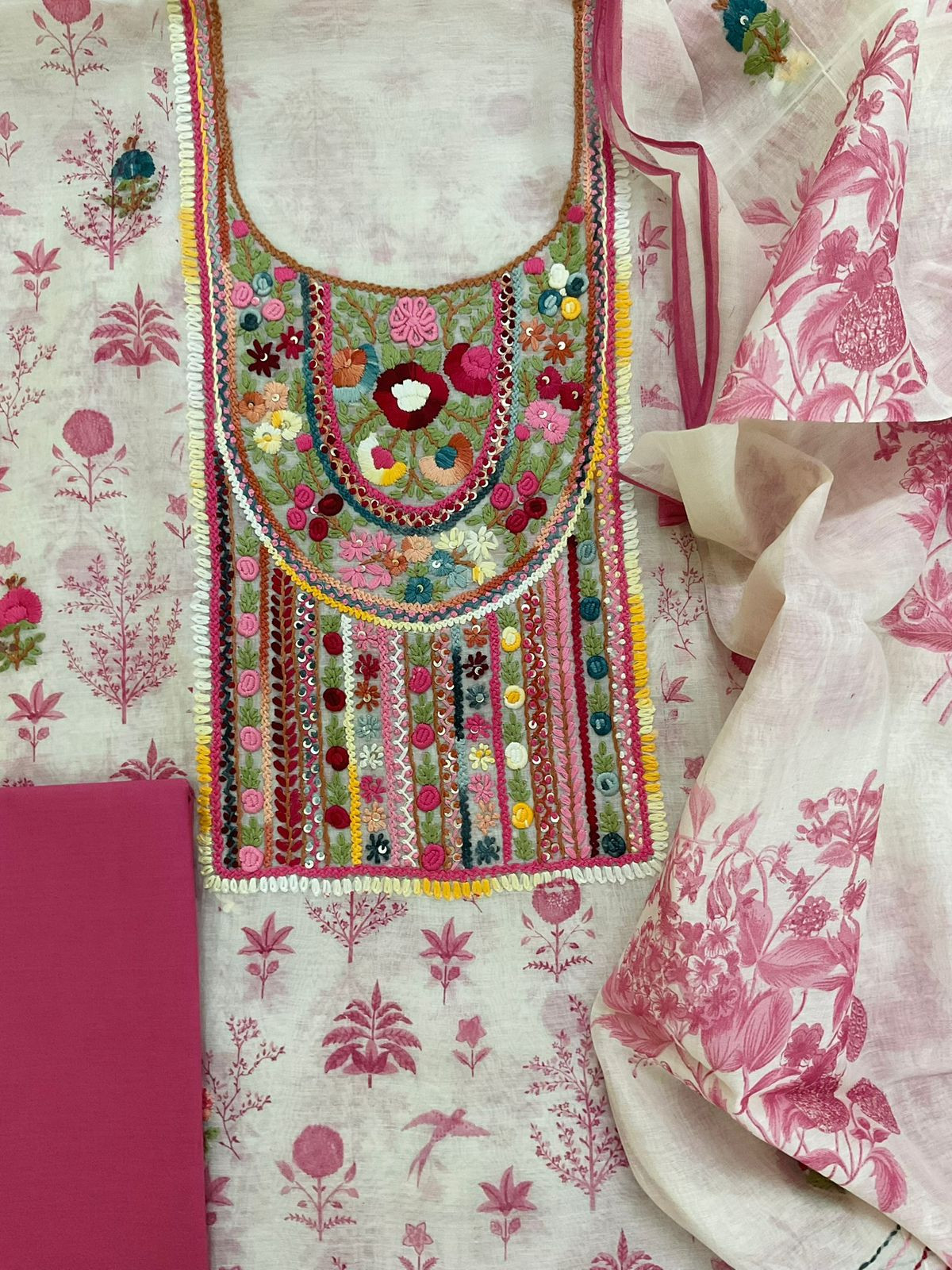 Pure Chanderi Printed Embroidered Suit - Off White