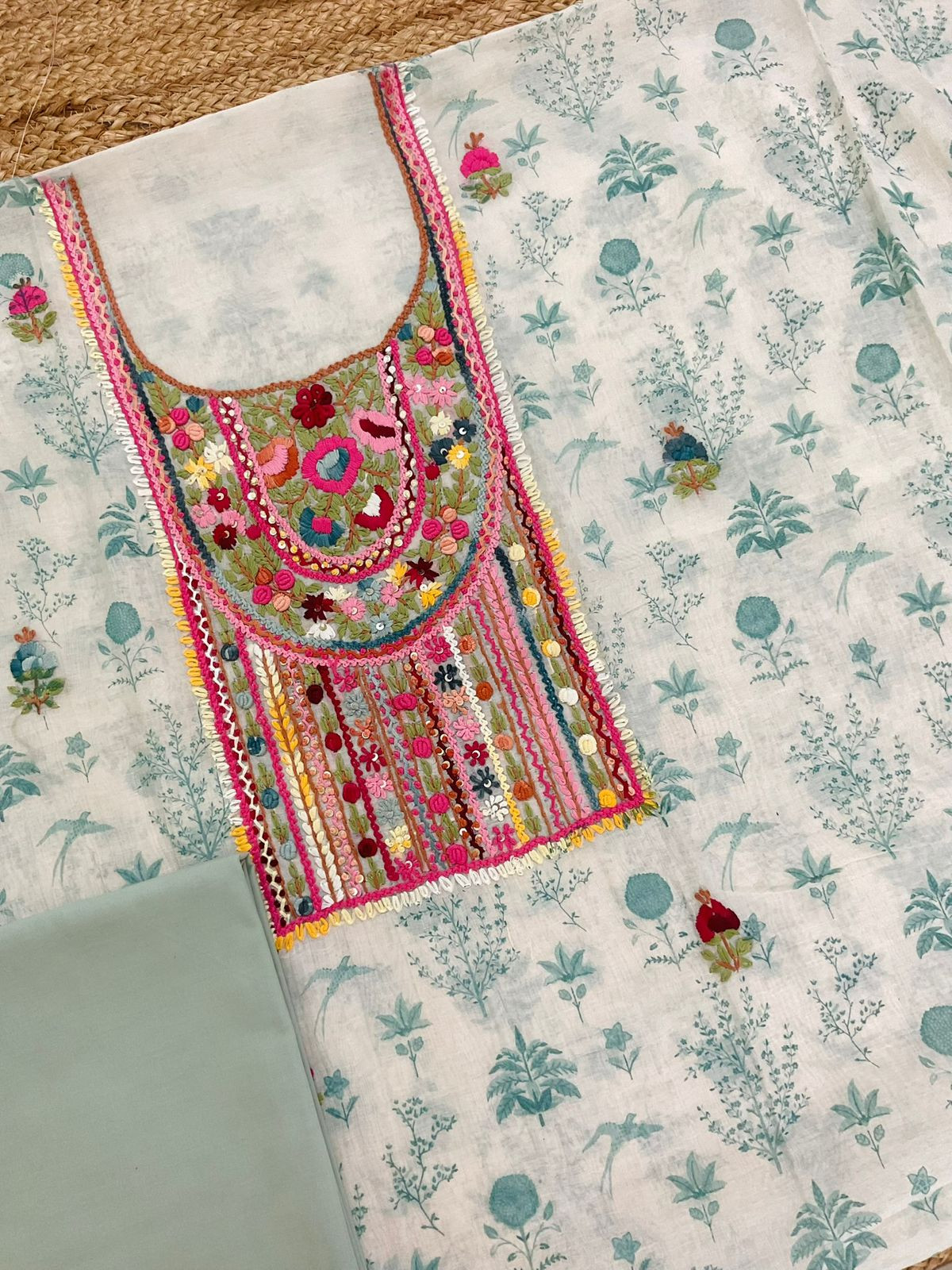 Pure Chanderi Printed Embroidered Suit - Off White
