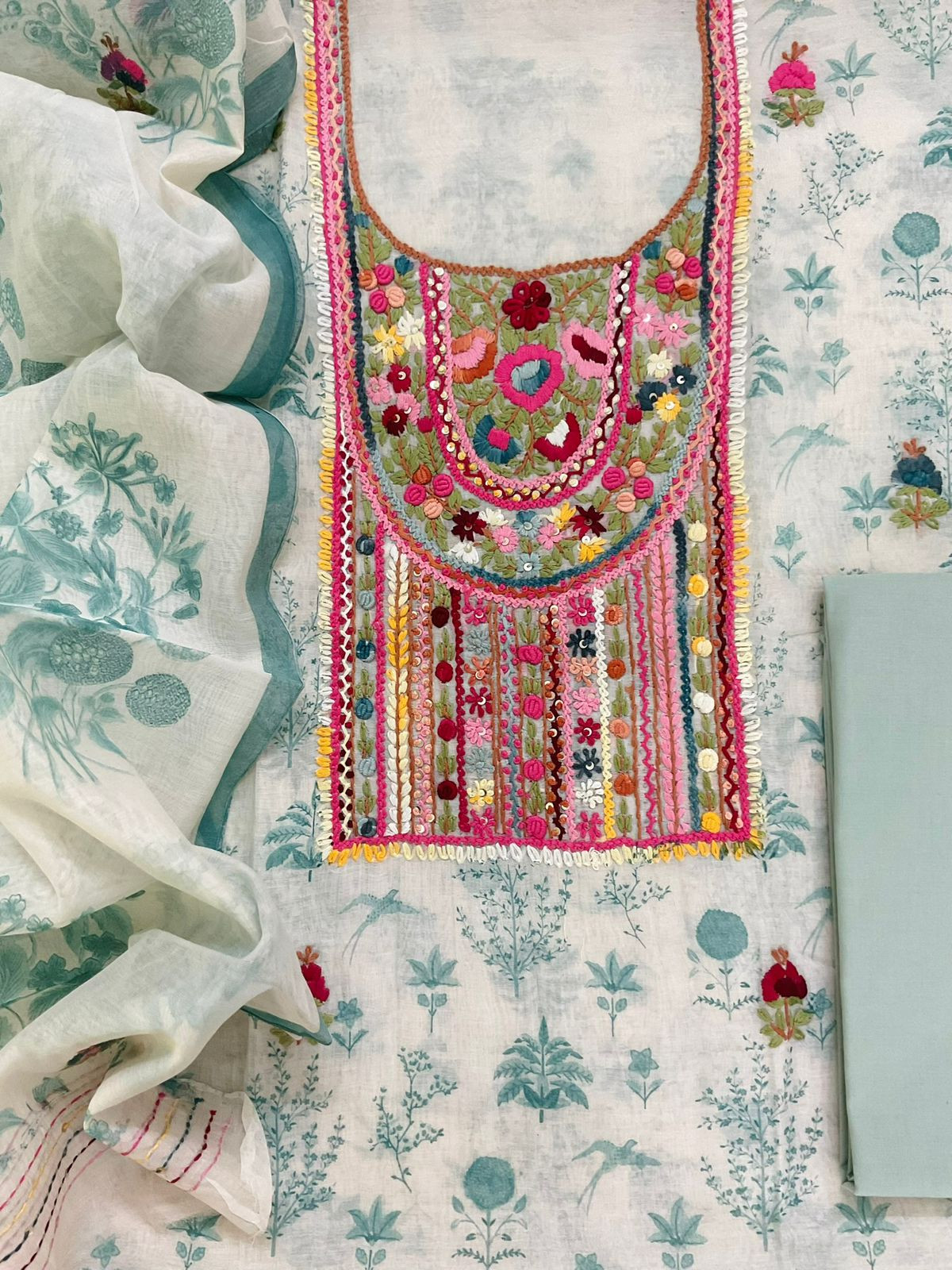 Pure Chanderi Printed Embroidered Suit - Off White
