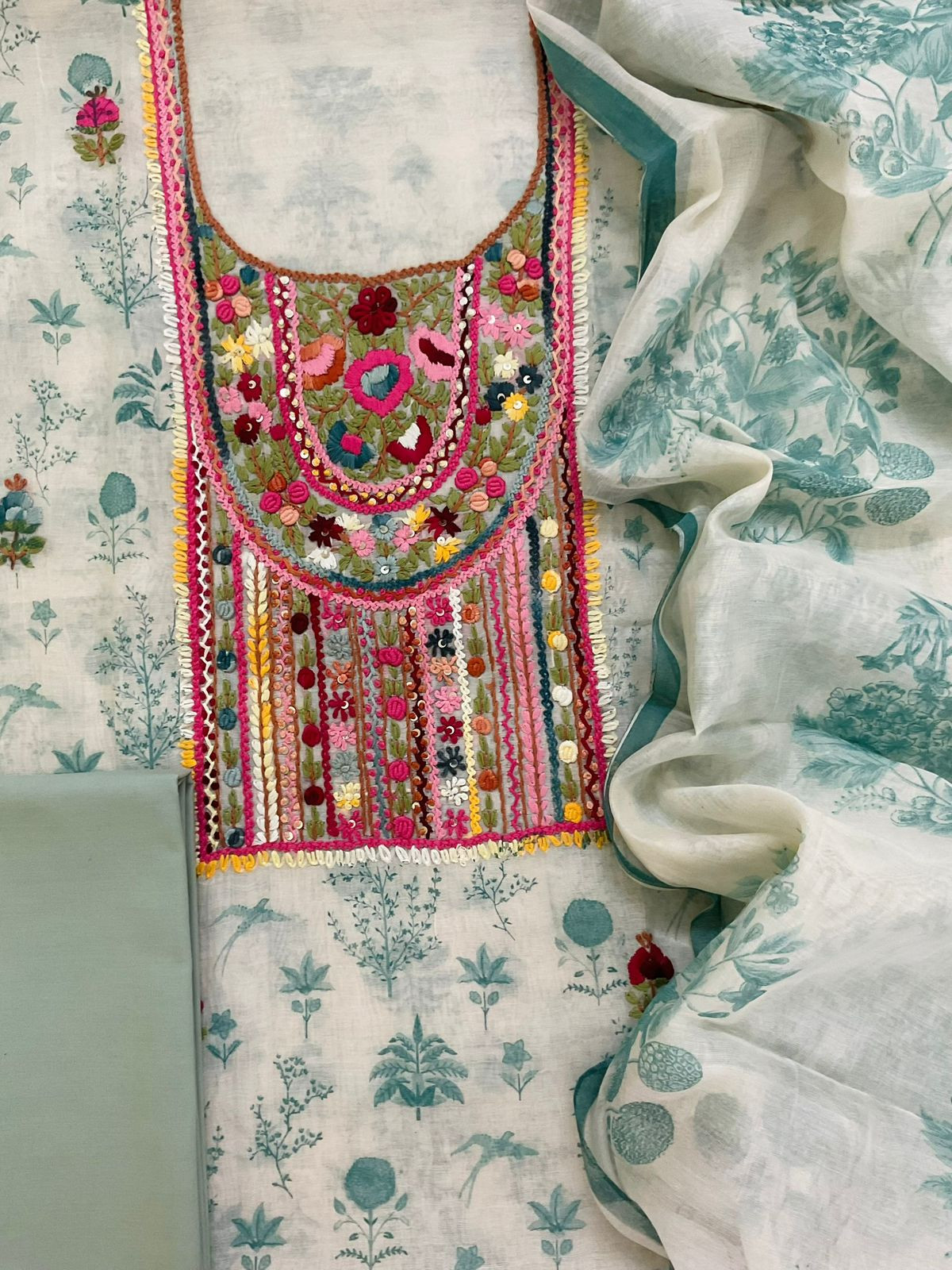 Pure Chanderi Printed Embroidered Suit - Off White