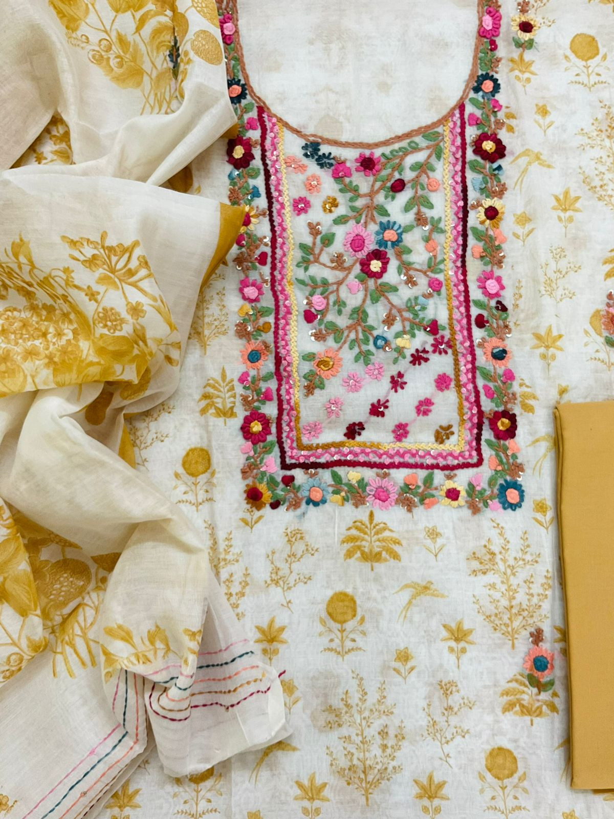 Pure Chanderi Printed Embroidered Suit - Off White