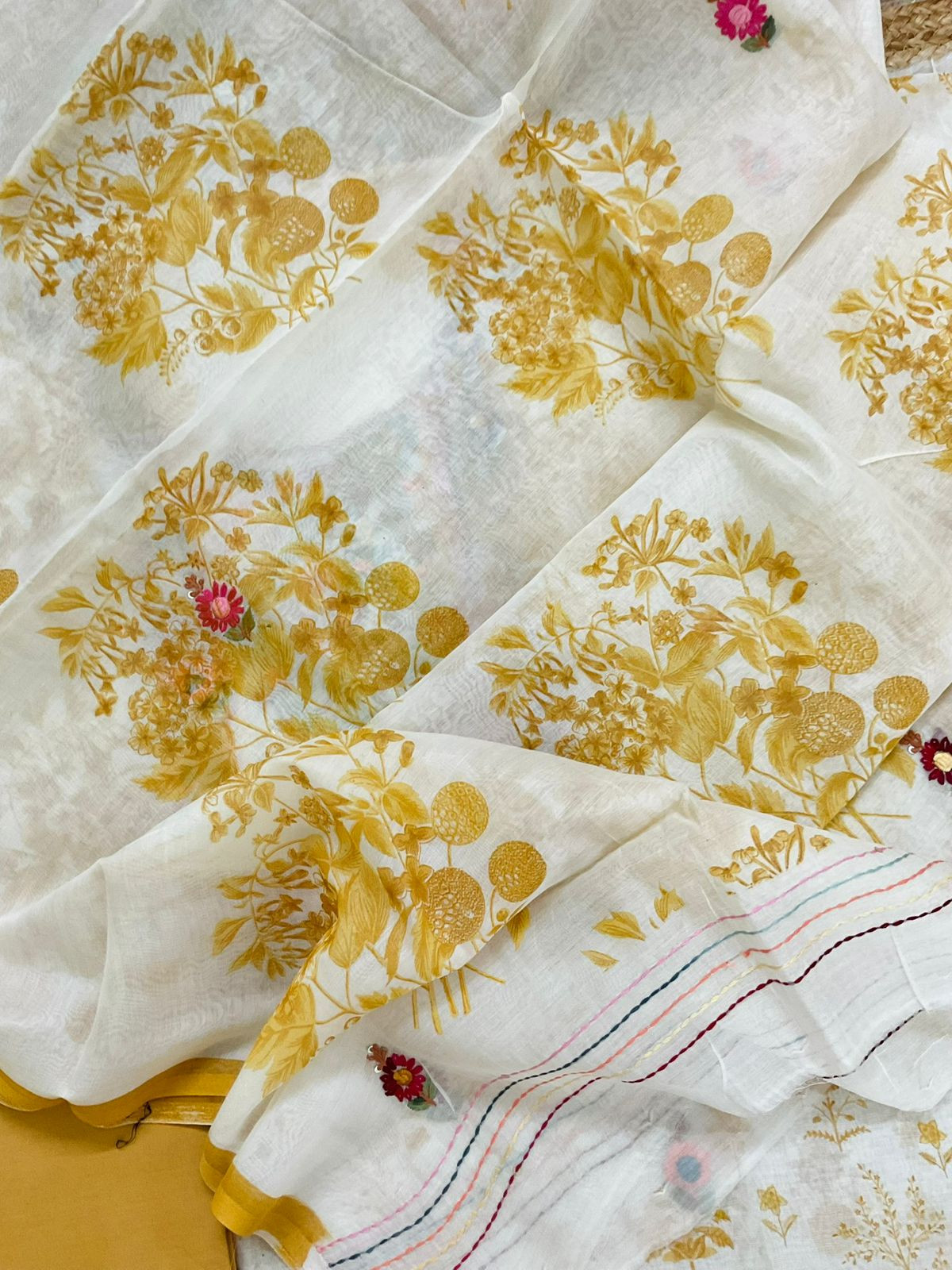 Pure Chanderi Printed Embroidered Suit - Off White