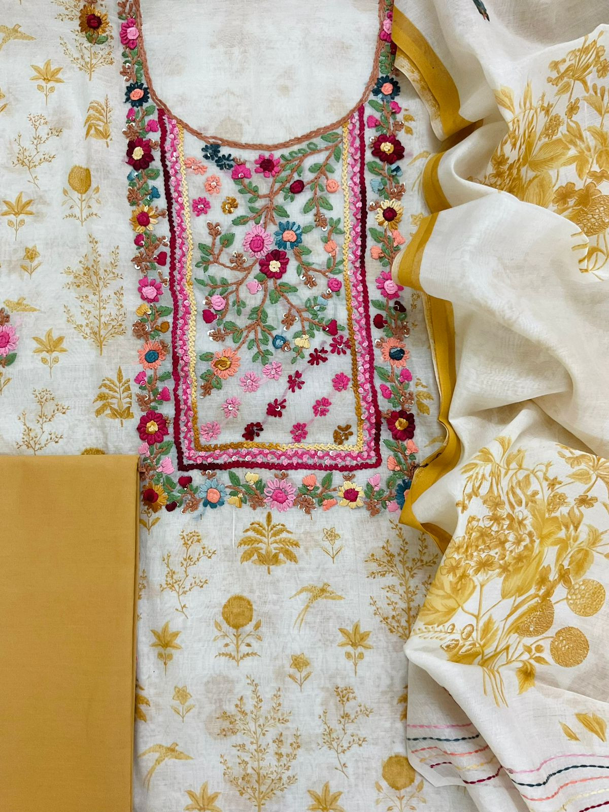 Pure Chanderi Printed Embroidered Suit - Off White