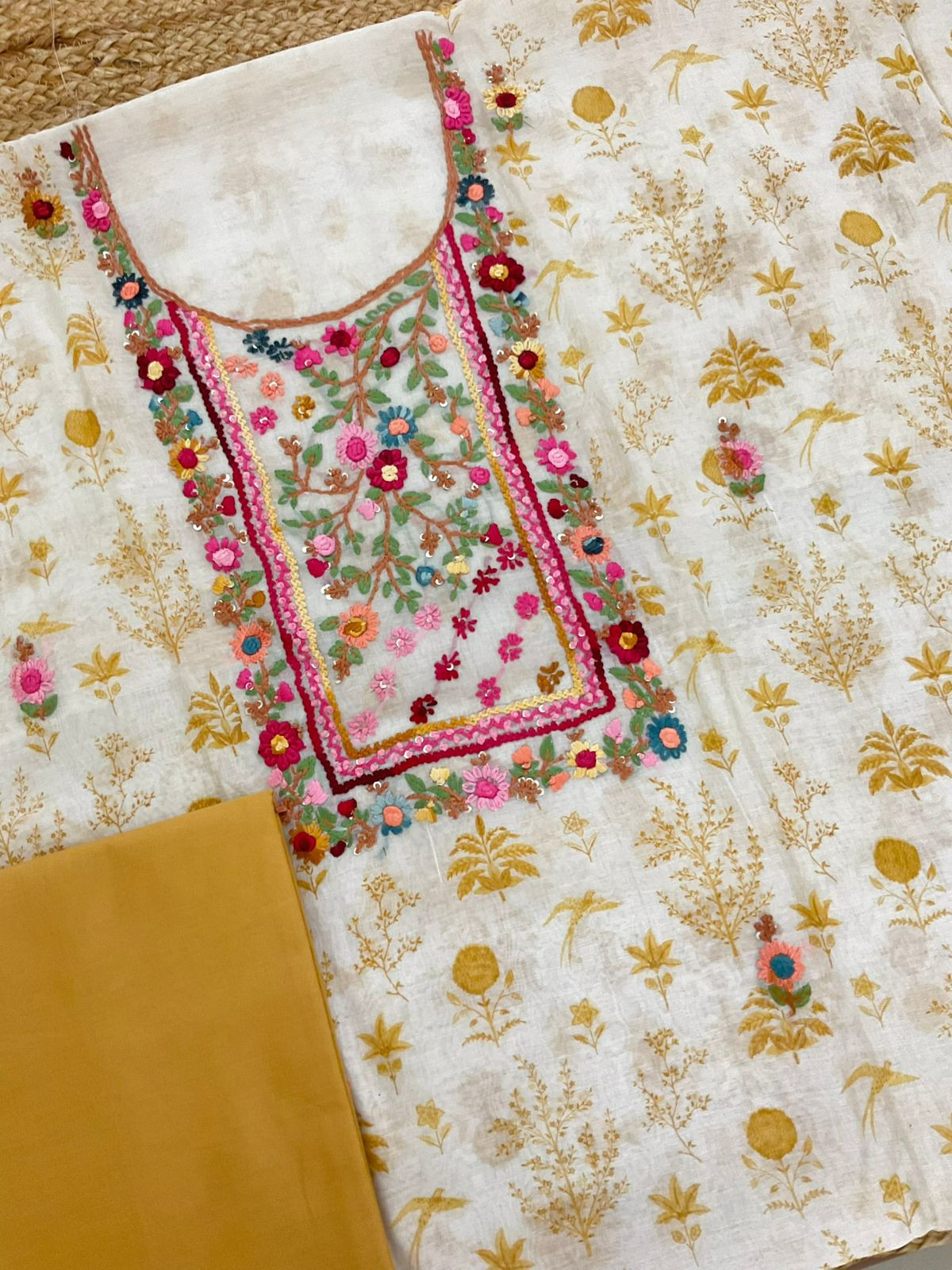 Pure Chanderi Printed Embroidered Suit - Off White