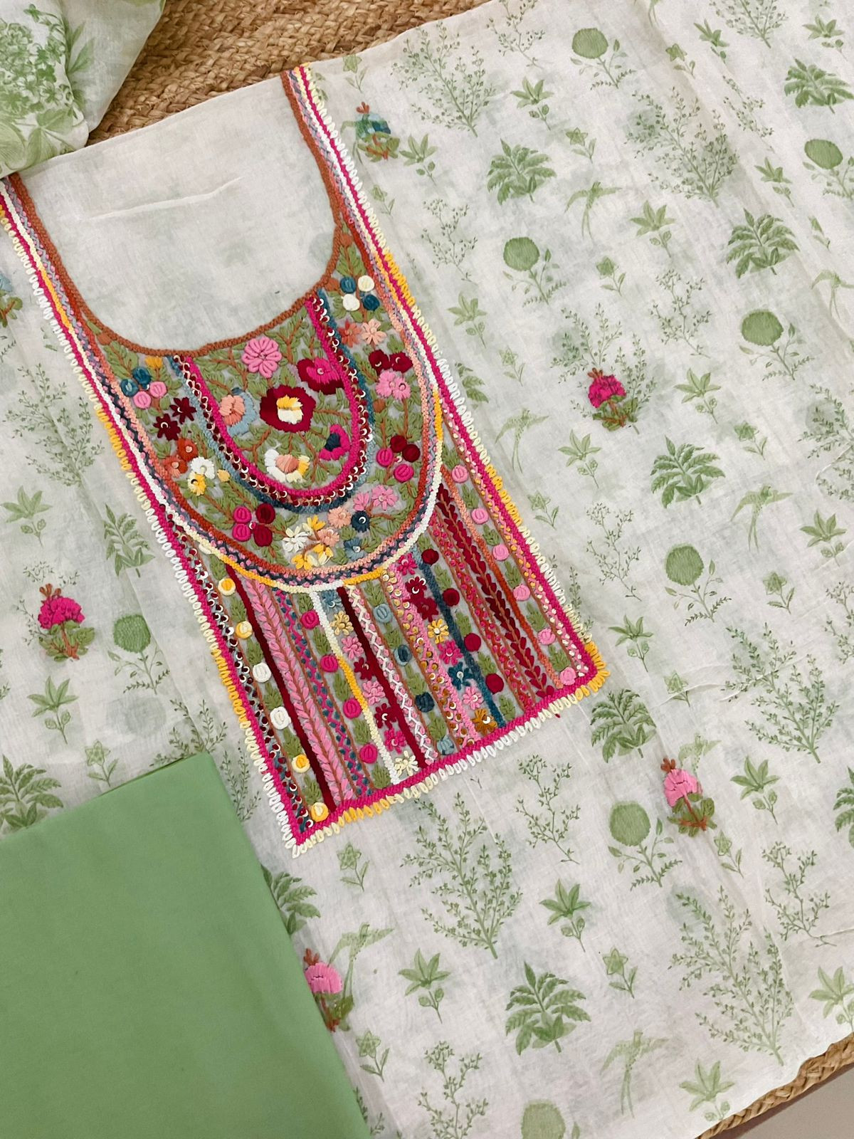 Pure Chanderi Printed Embroidered Suit - Off White