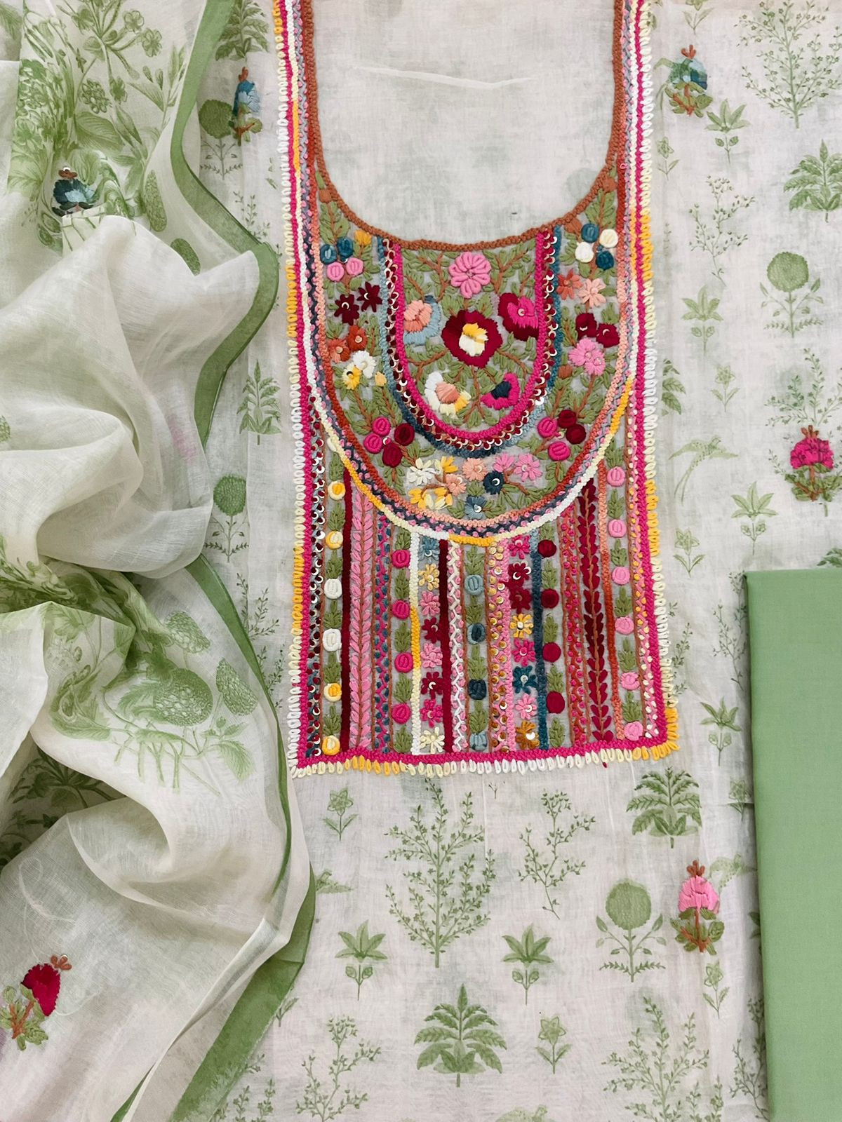 Pure Chanderi Printed Embroidered Suit - Off White