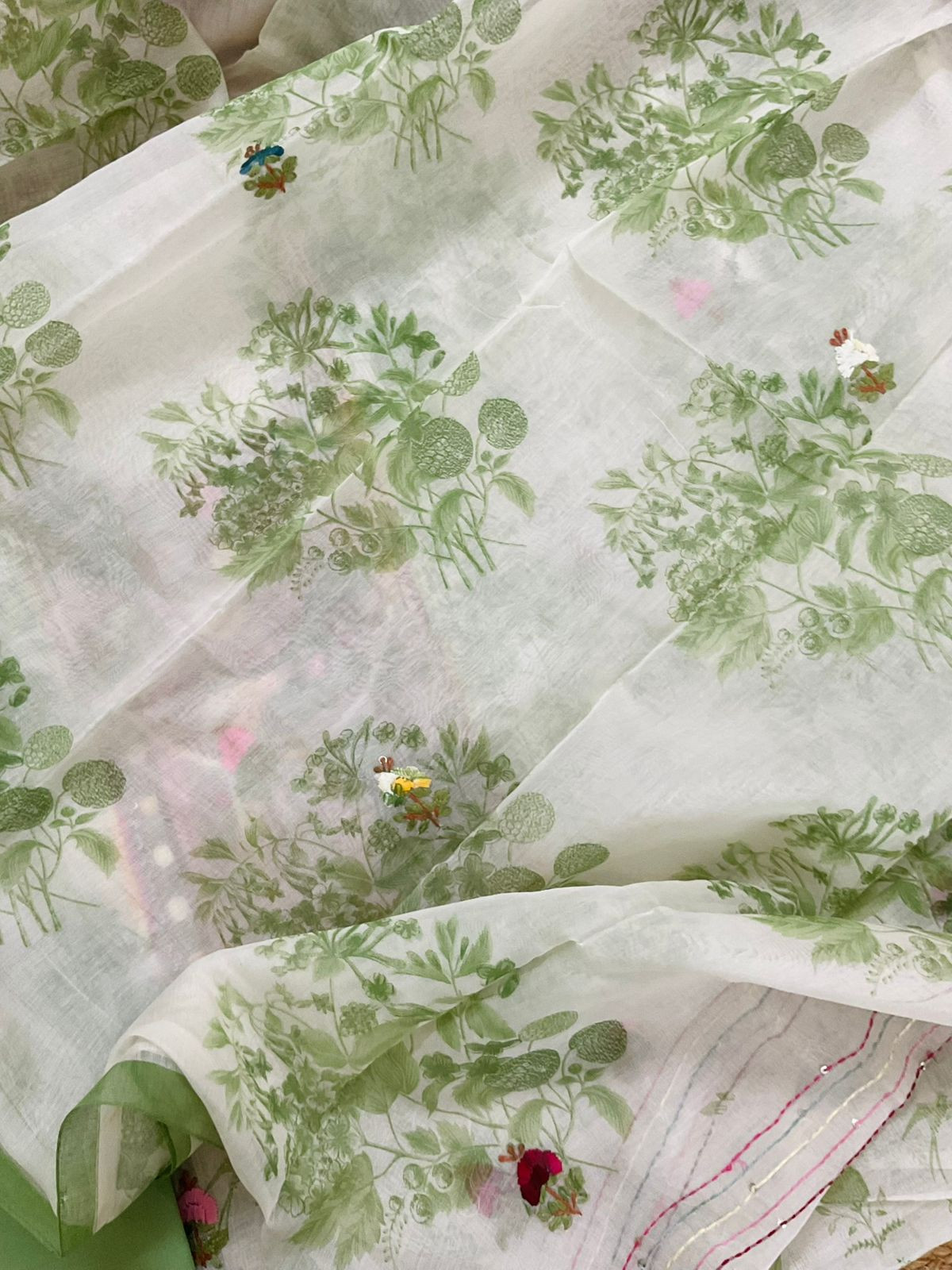Pure Chanderi Printed Embroidered Suit - Off White